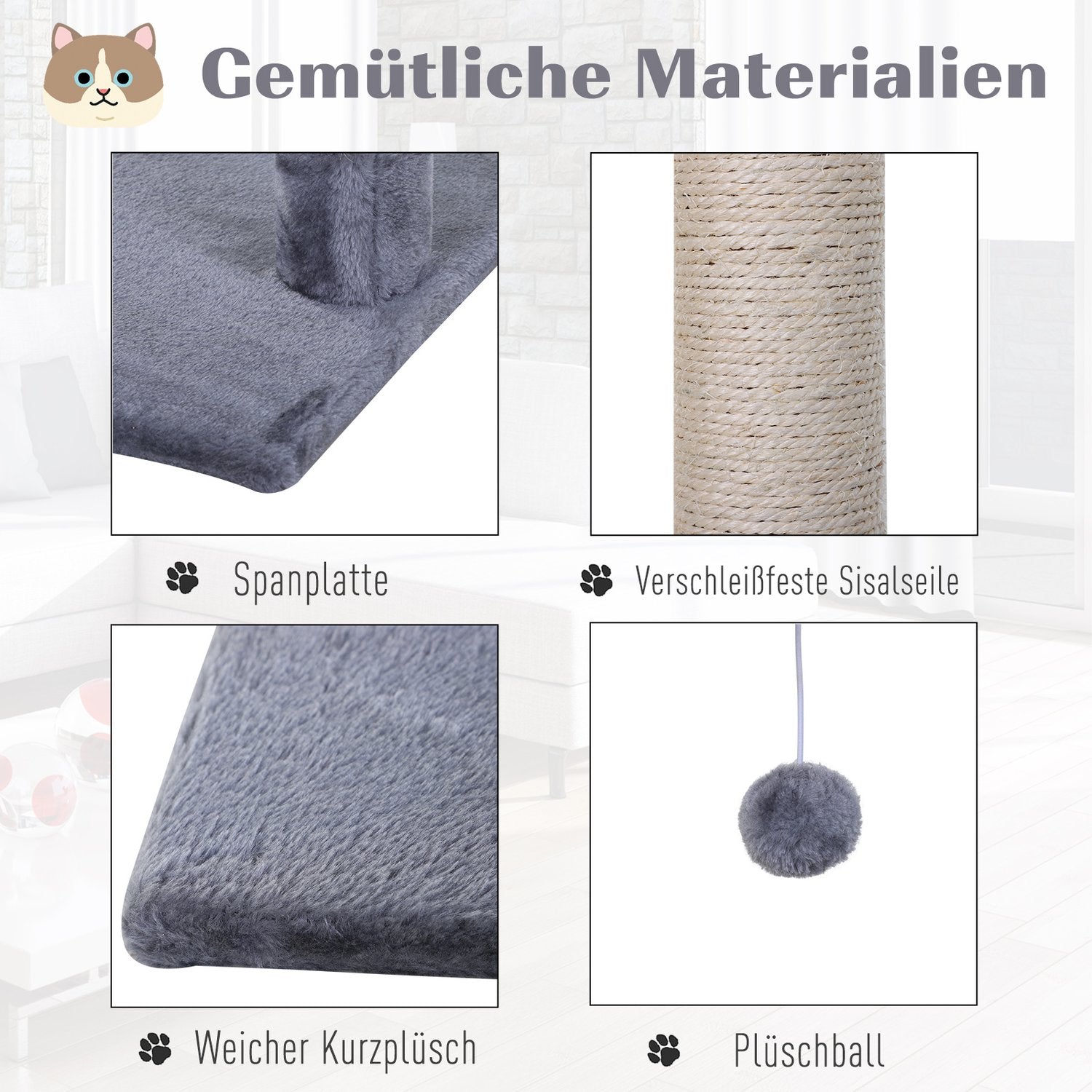 Grå kattträd med sisalskrapstolpe och plyschhängmatta