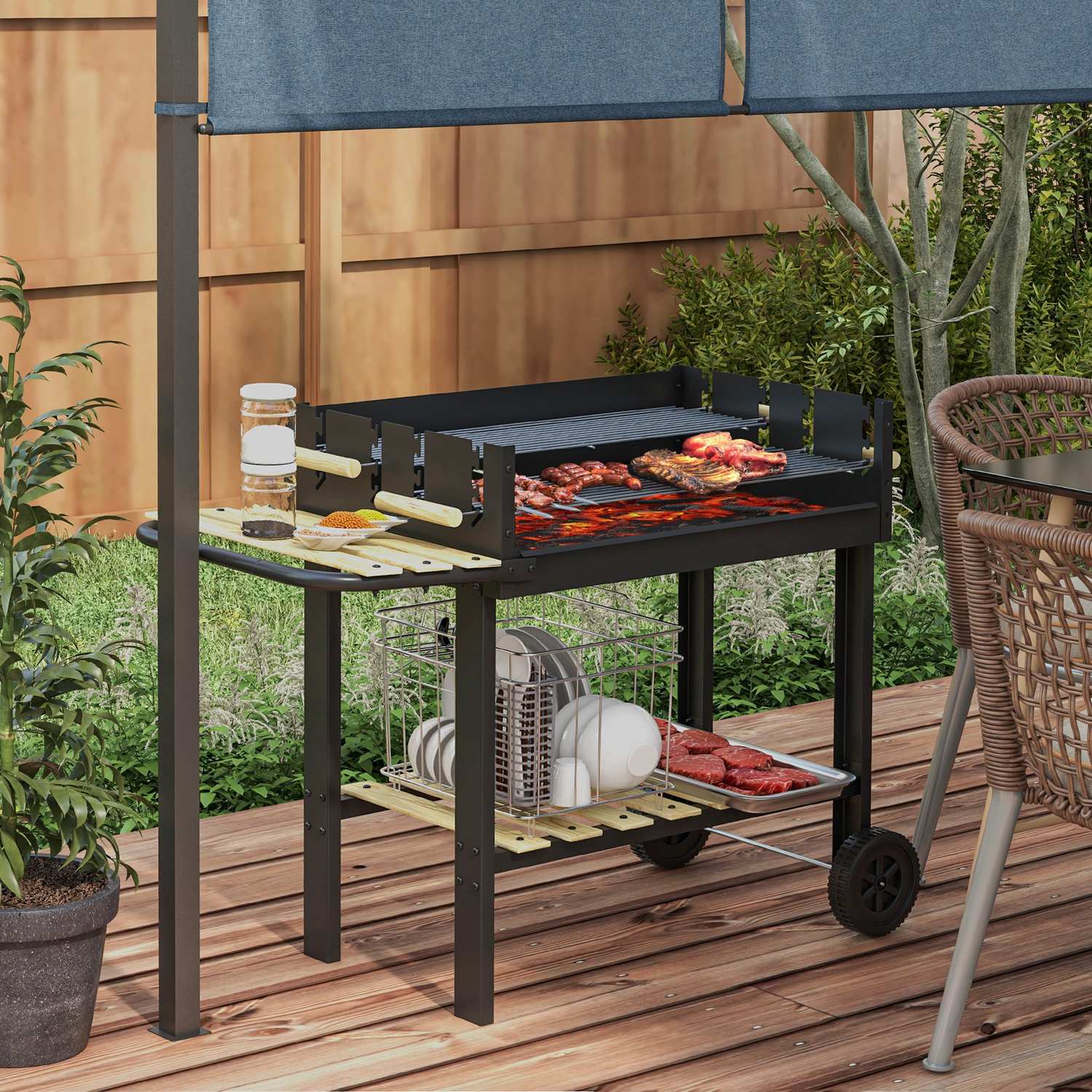 Kolgrill, dubbla galler, hylla och handtag, 113x53,5x82,5 cm