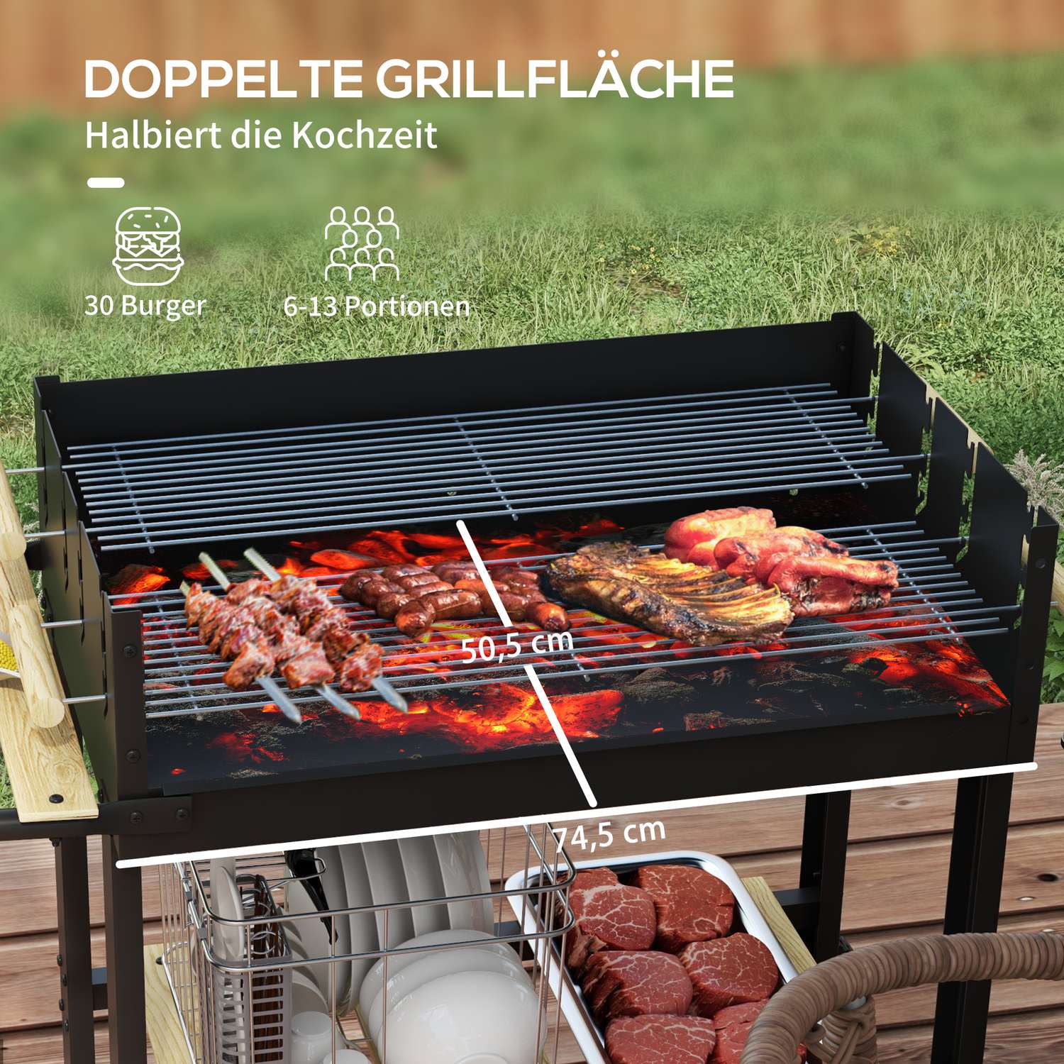 Kolgrill, dubbla galler, hylla och handtag, 113x53,5x82,5 cm
