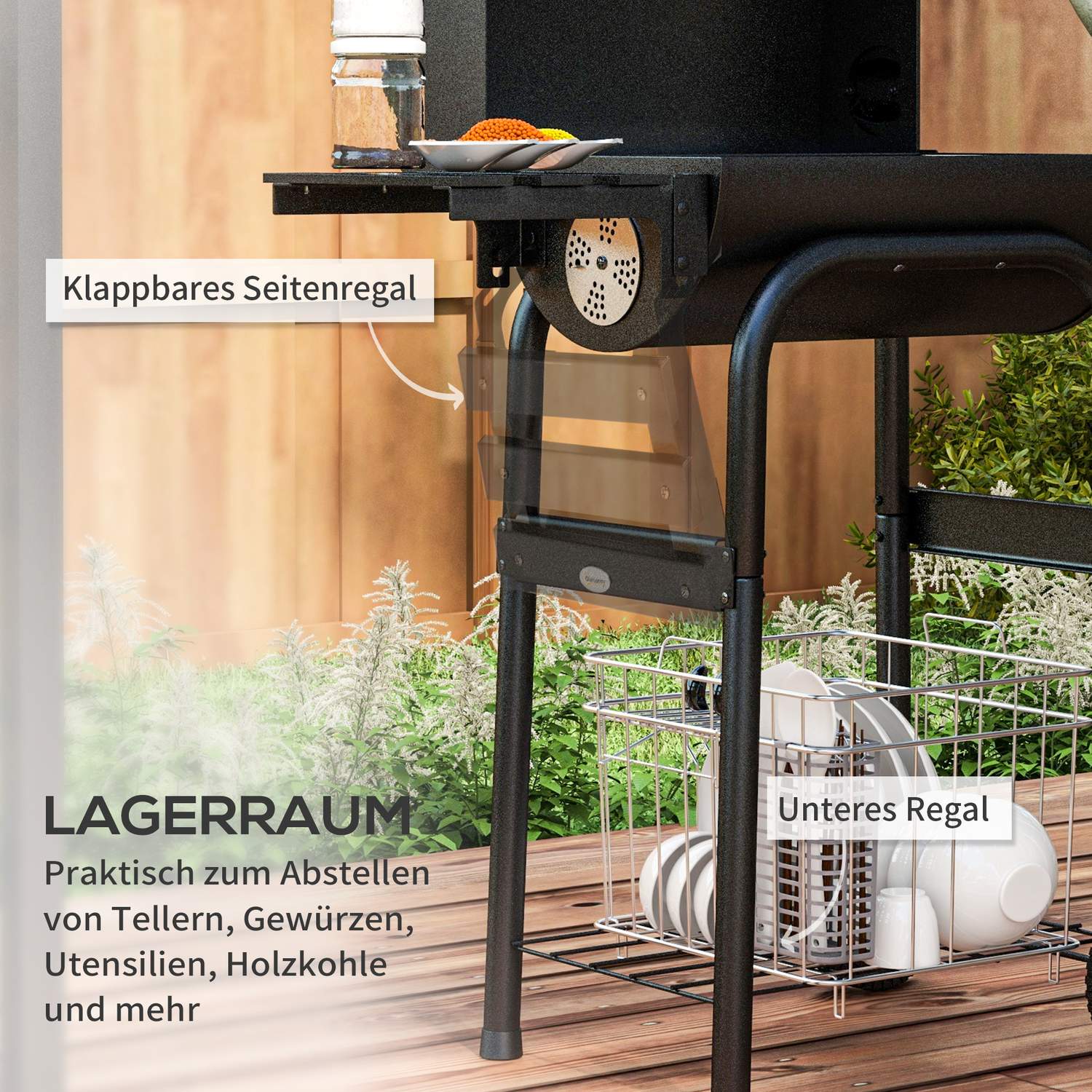 Kolgrillvagn, rostfritt stål, lock och hjul