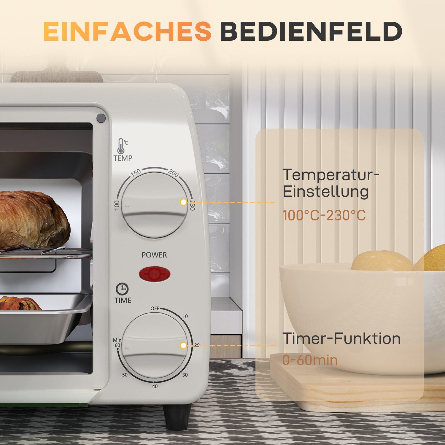 Kompakt 10L elektrisk ugn, 750W, 230°C, timer, grädde