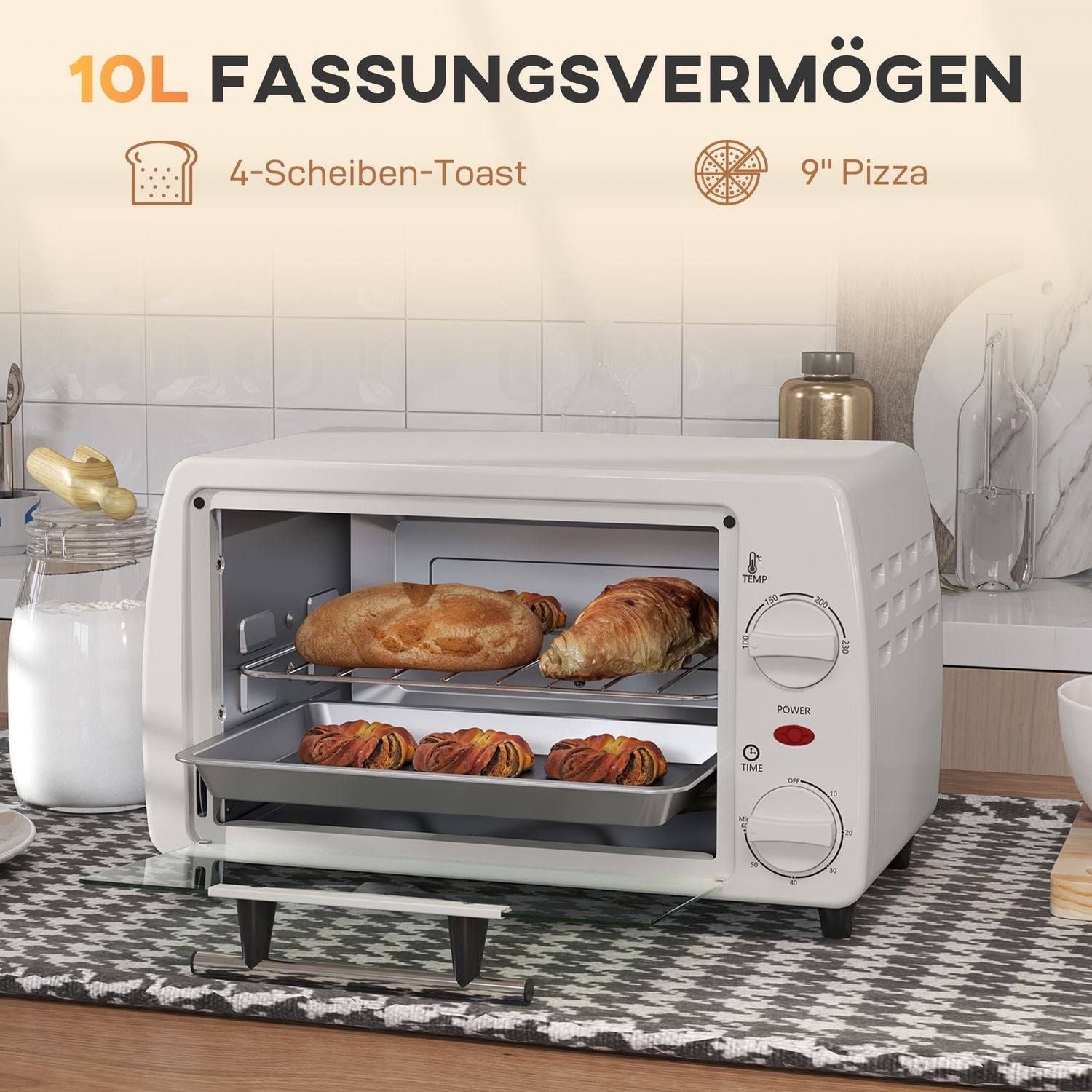 Kompakt 10L elektrisk ugn, 750W, 230°C, timer, grädde