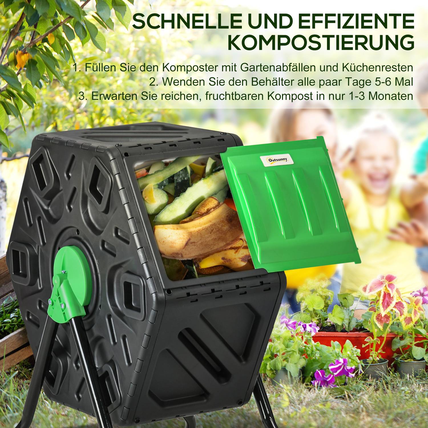 Roterande 65L plastkompostor – väderbeständig med ventilation