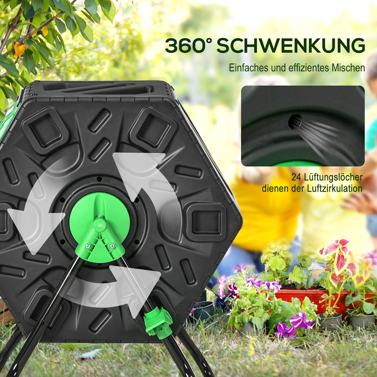 Roterande 65L plastkompostor – väderbeständig med ventilation