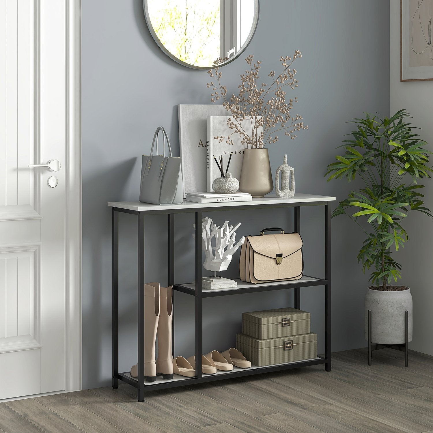 Vitt konsolbord i stål – 2-nivåer, tippskydd – 100x30x80 cm