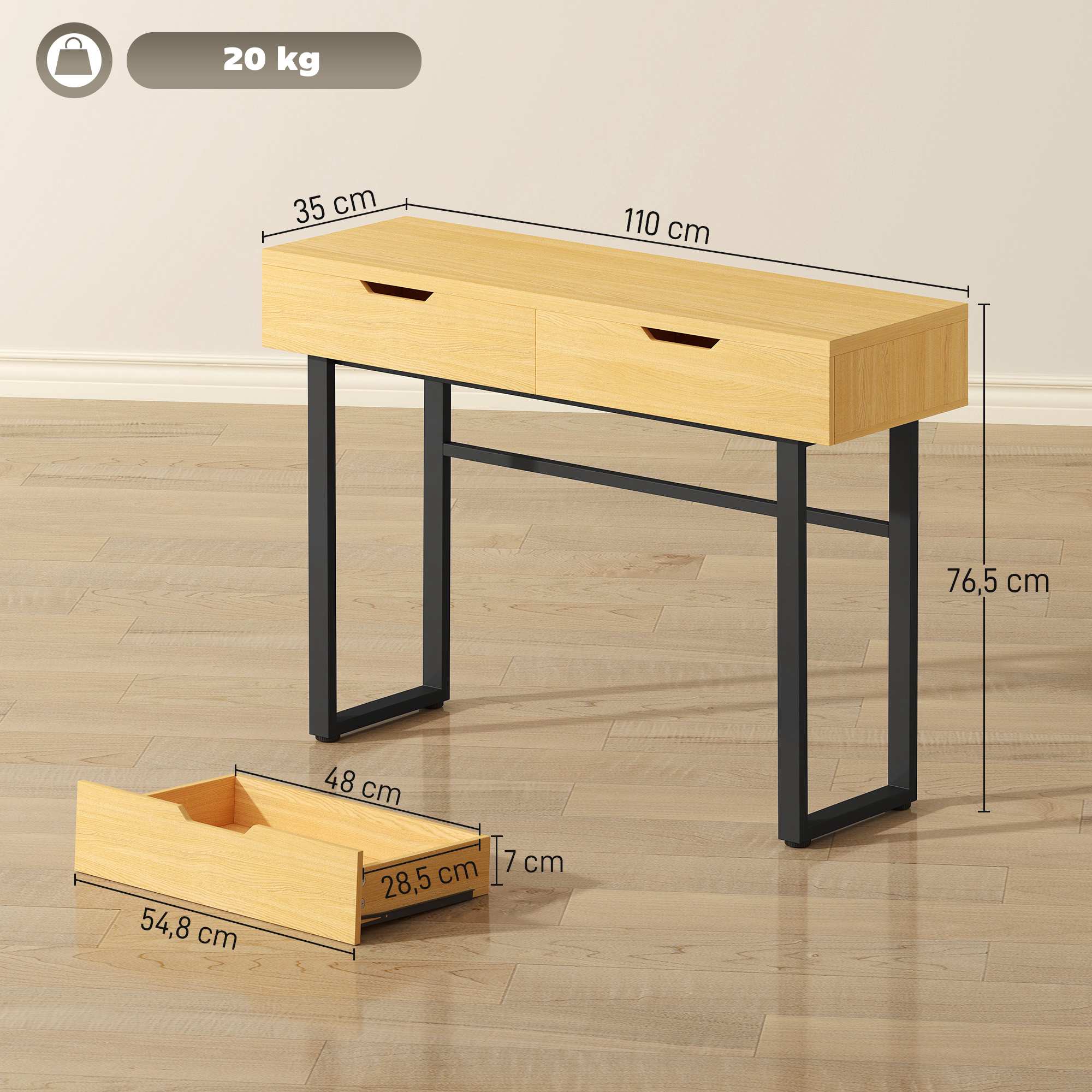 Konsolbord med 2 lådor, metallram, 110x35x76,5 cm