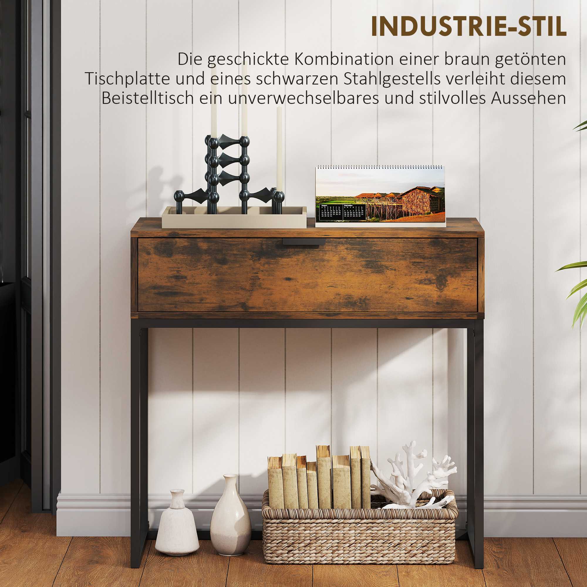 Konsolbord med låda, industriell design, 80x30x76 cm, svart