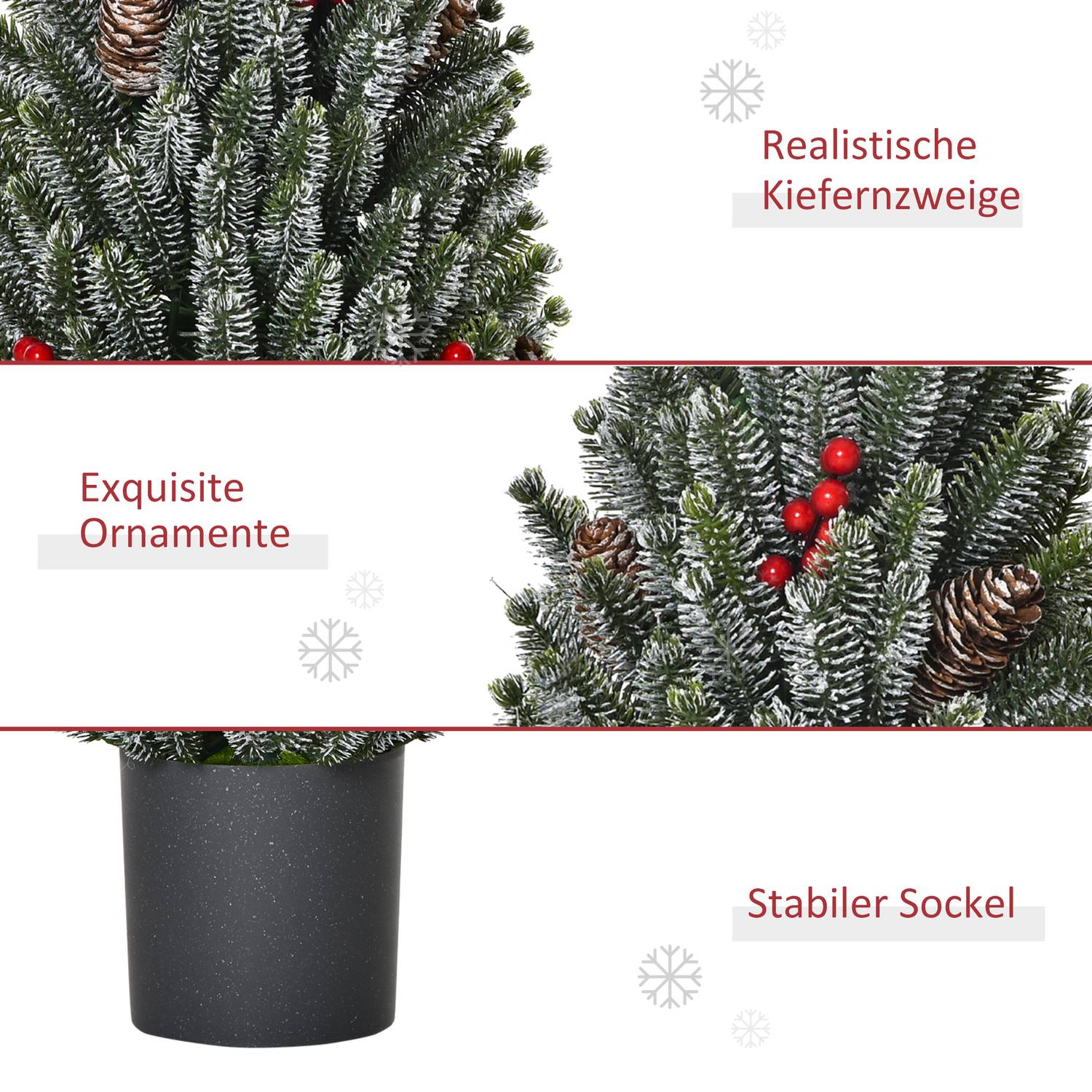 Snötäckt bordsjulgran med bär och tallkottar