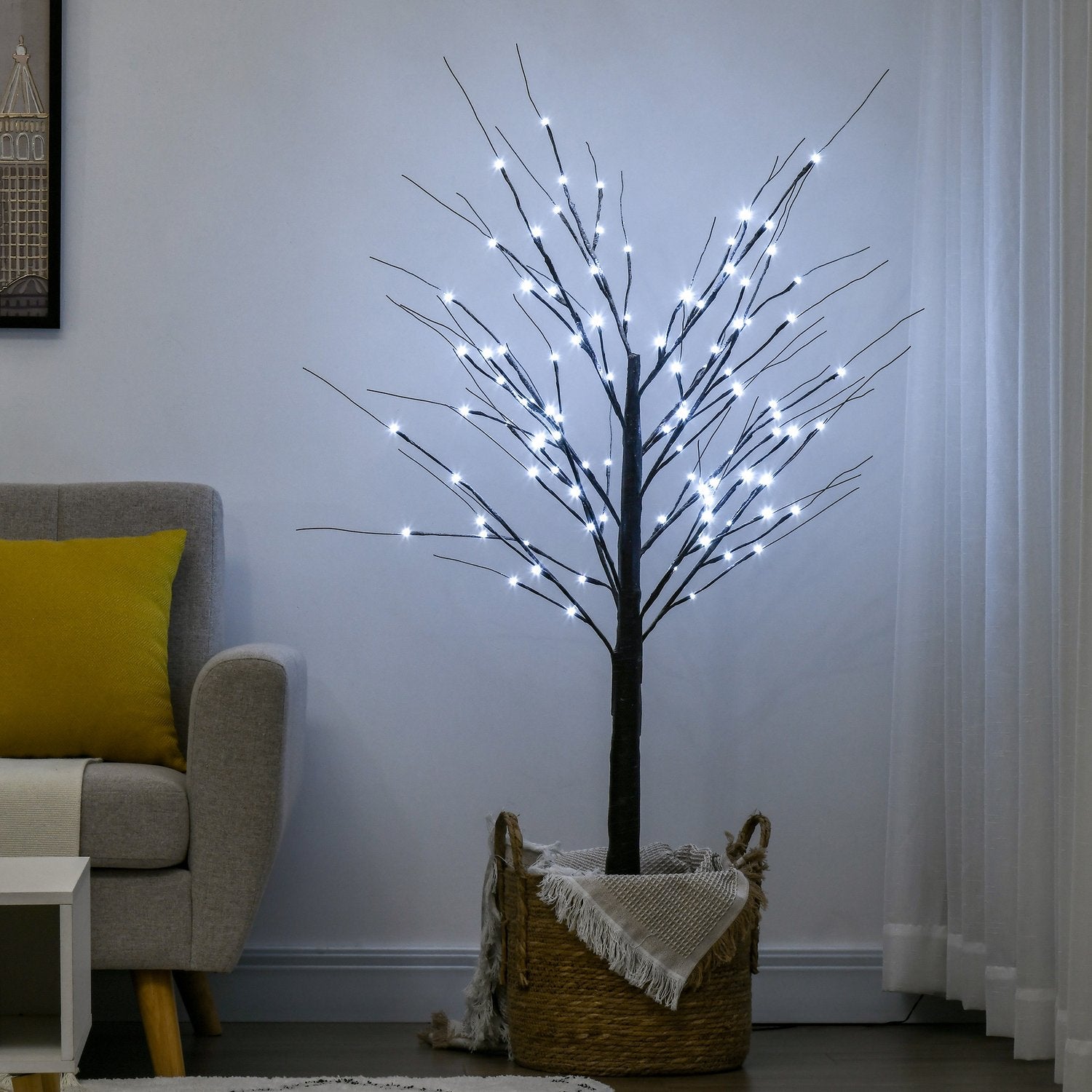 Kunstmatige berk, 150 cm – LED-verlichting & sneeuw