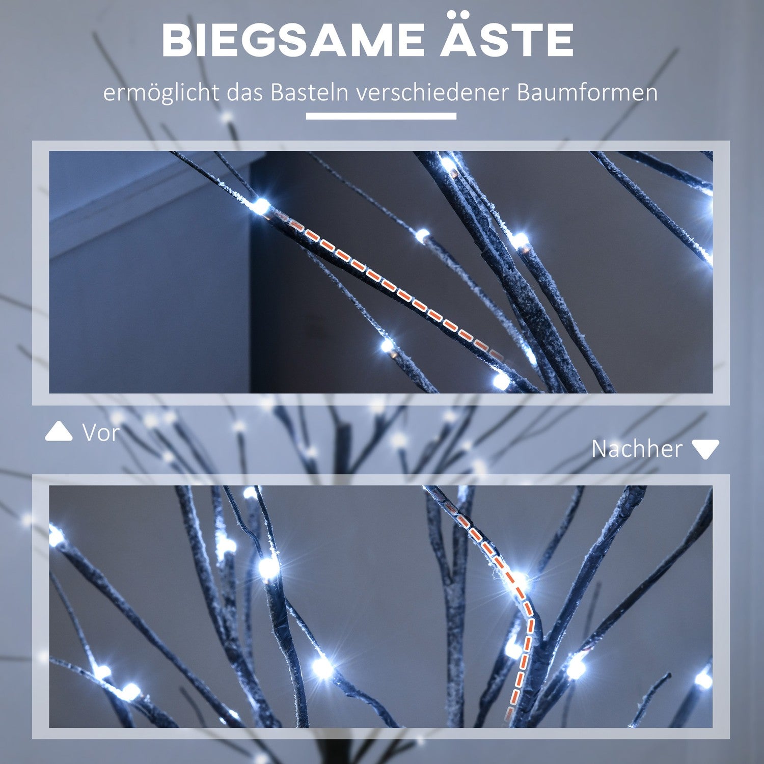 Kunstmatige berk, 150 cm – LED-verlichting & sneeuw