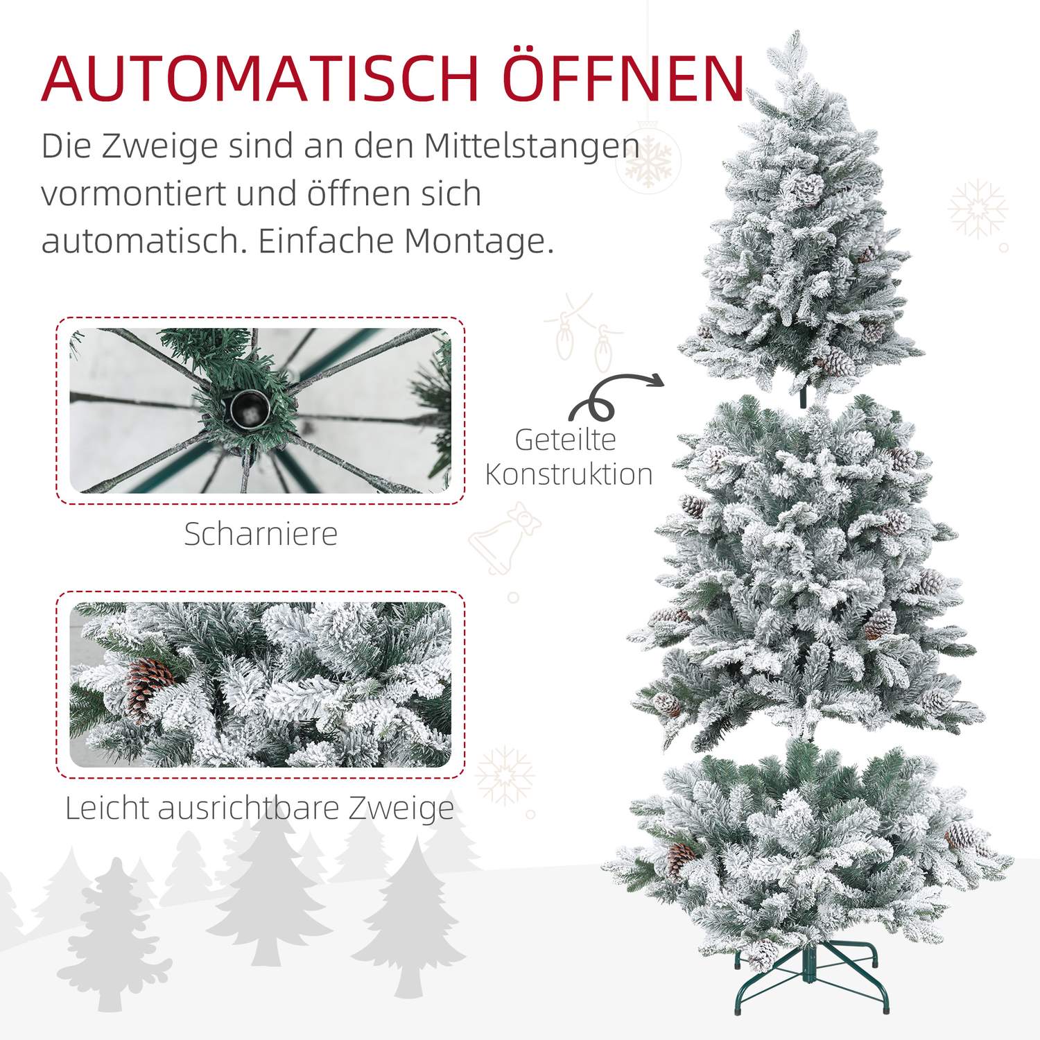 180 cm konstgjord julgran, snöig, hopfällbar metallstativ