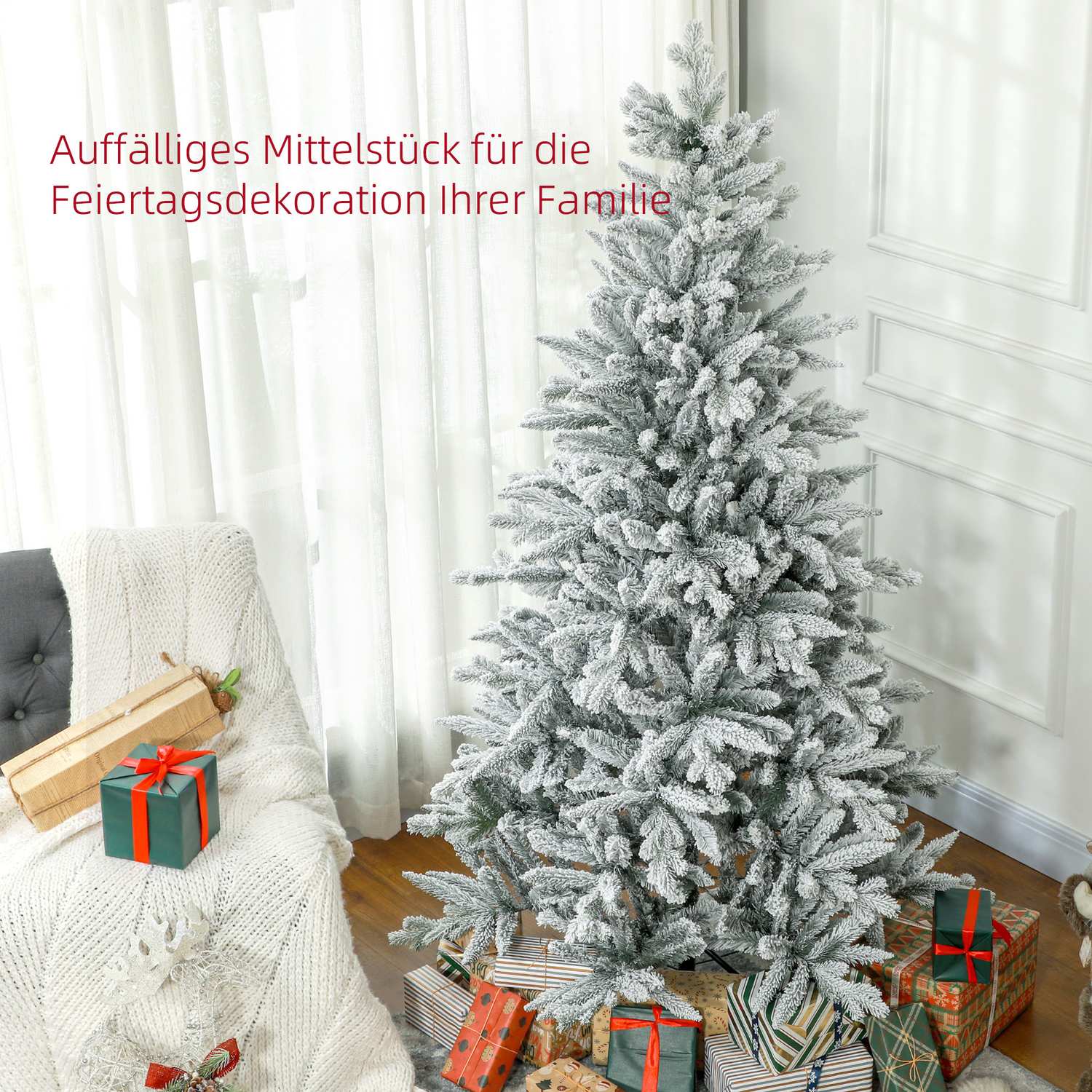 180 cm konstgjord julgran, snöig, hopfällbar metallstativ