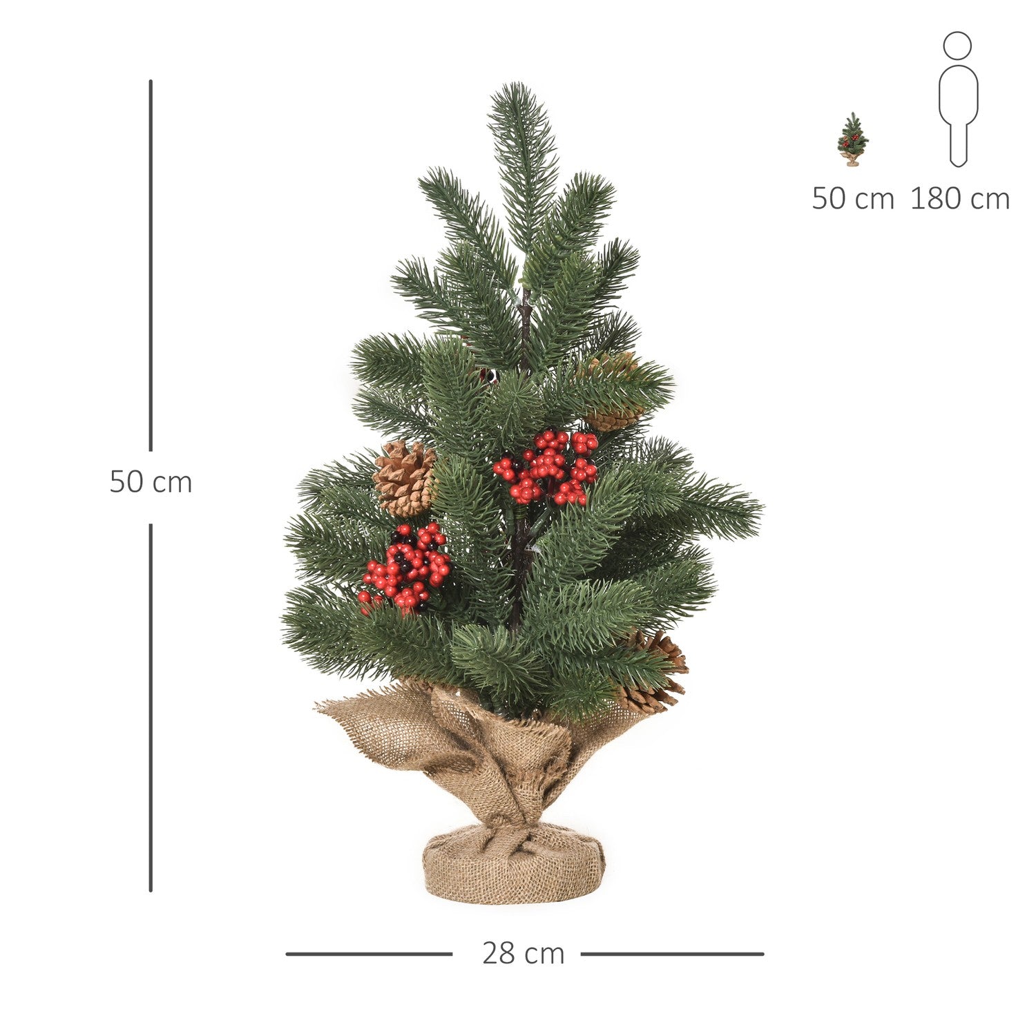 Konstgjord julgran, 50cm, röda bär & tallkottar