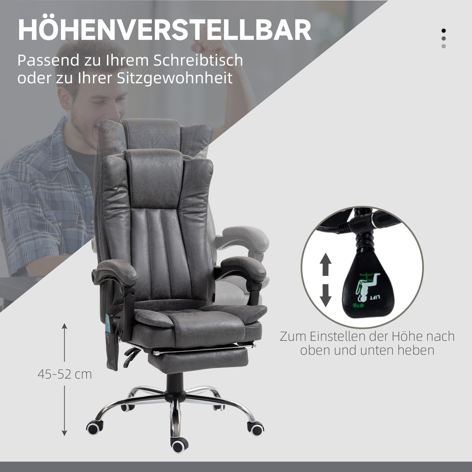 Ergonomisk Grå Kontorsstol, Massage & Värme, Justerbar Höjd