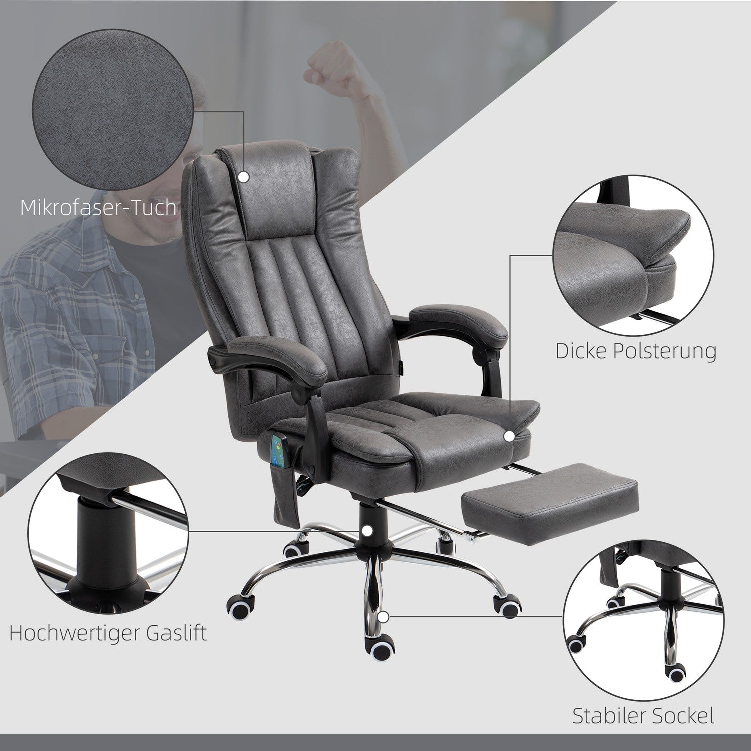 Ergonomisk Grå Kontorsstol, Massage & Värme, Justerbar Höjd
