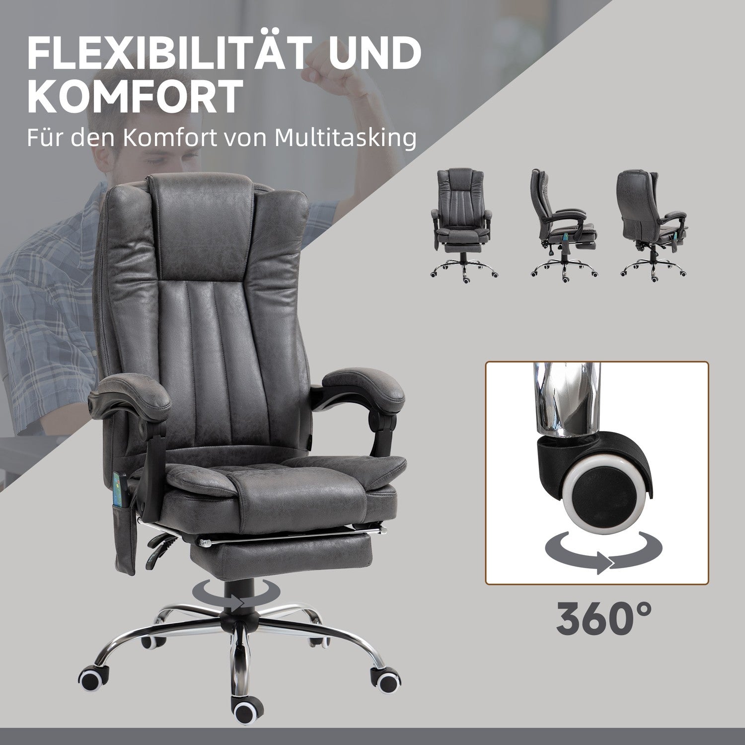 Ergonomisk Grå Kontorsstol, Massage & Värme, Justerbar Höjd