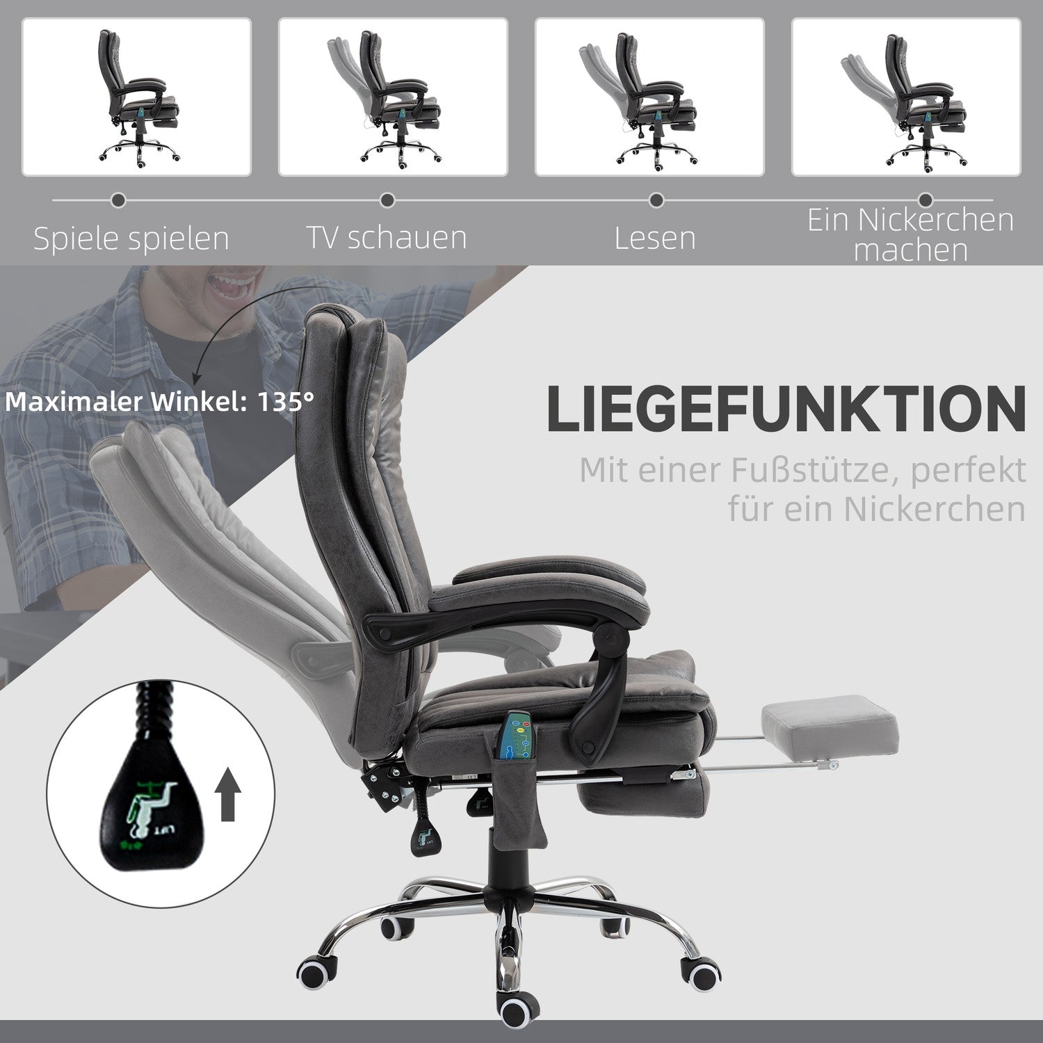 Ergonomisk Grå Kontorsstol, Massage & Värme, Justerbar Höjd