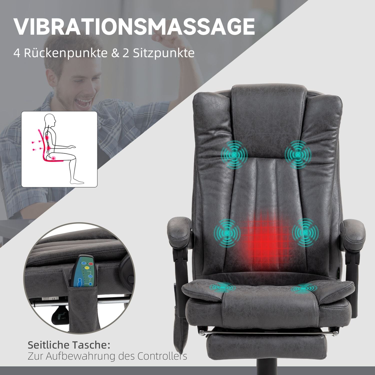 Ergonomisk Grå Kontorsstol, Massage & Värme, Justerbar Höjd