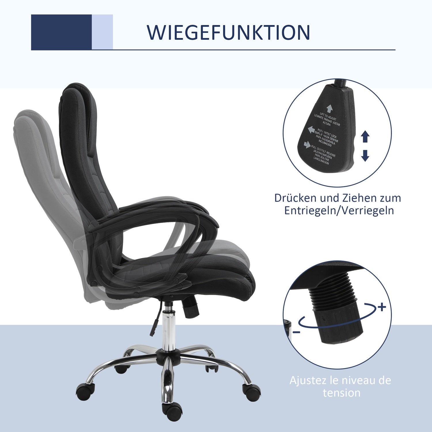 Ergonomisk svart kontorsstol med nackstöd, höjdjusterbar