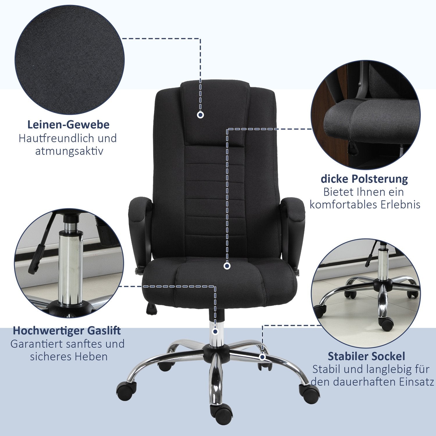 Ergonomisk svart kontorsstol med nackstöd, höjdjusterbar