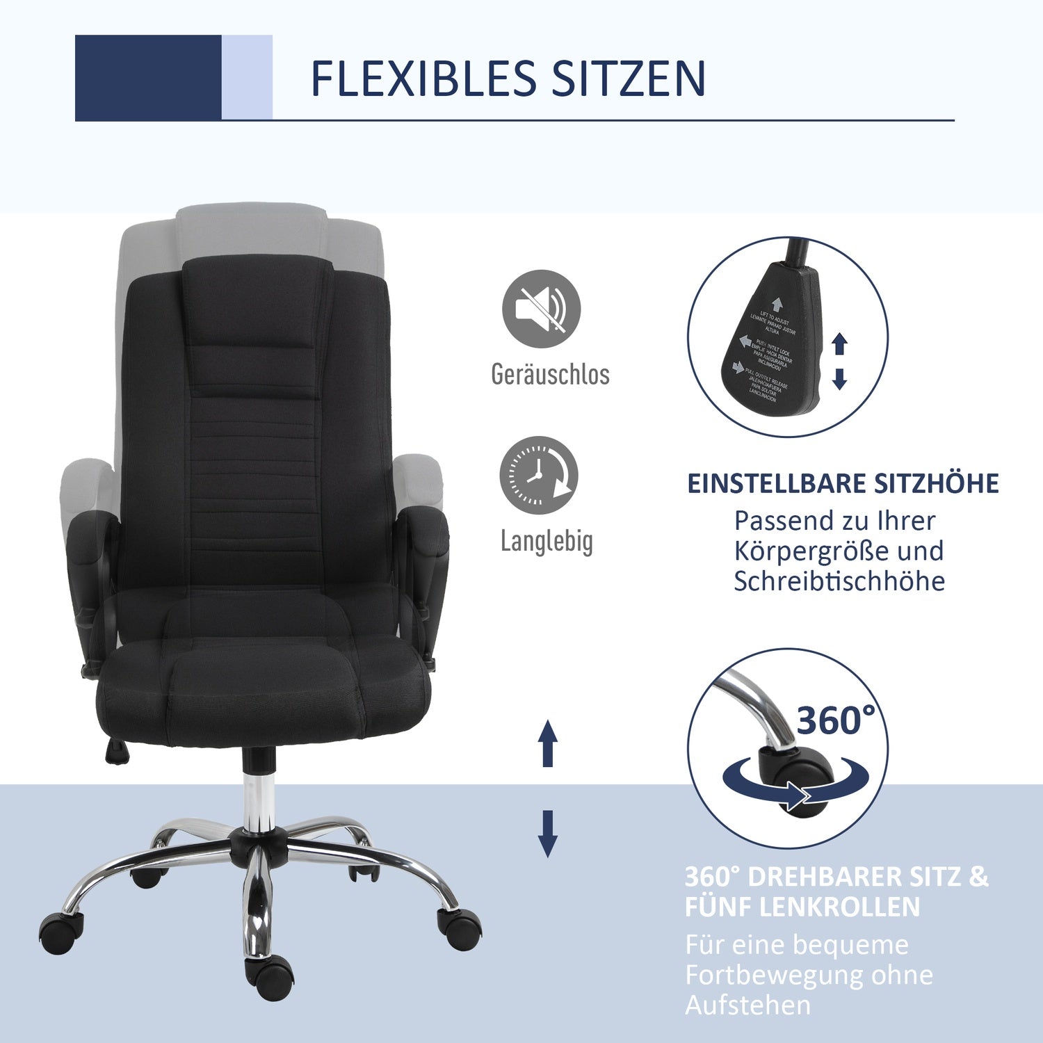 Ergonomisk svart kontorsstol med nackstöd, höjdjusterbar