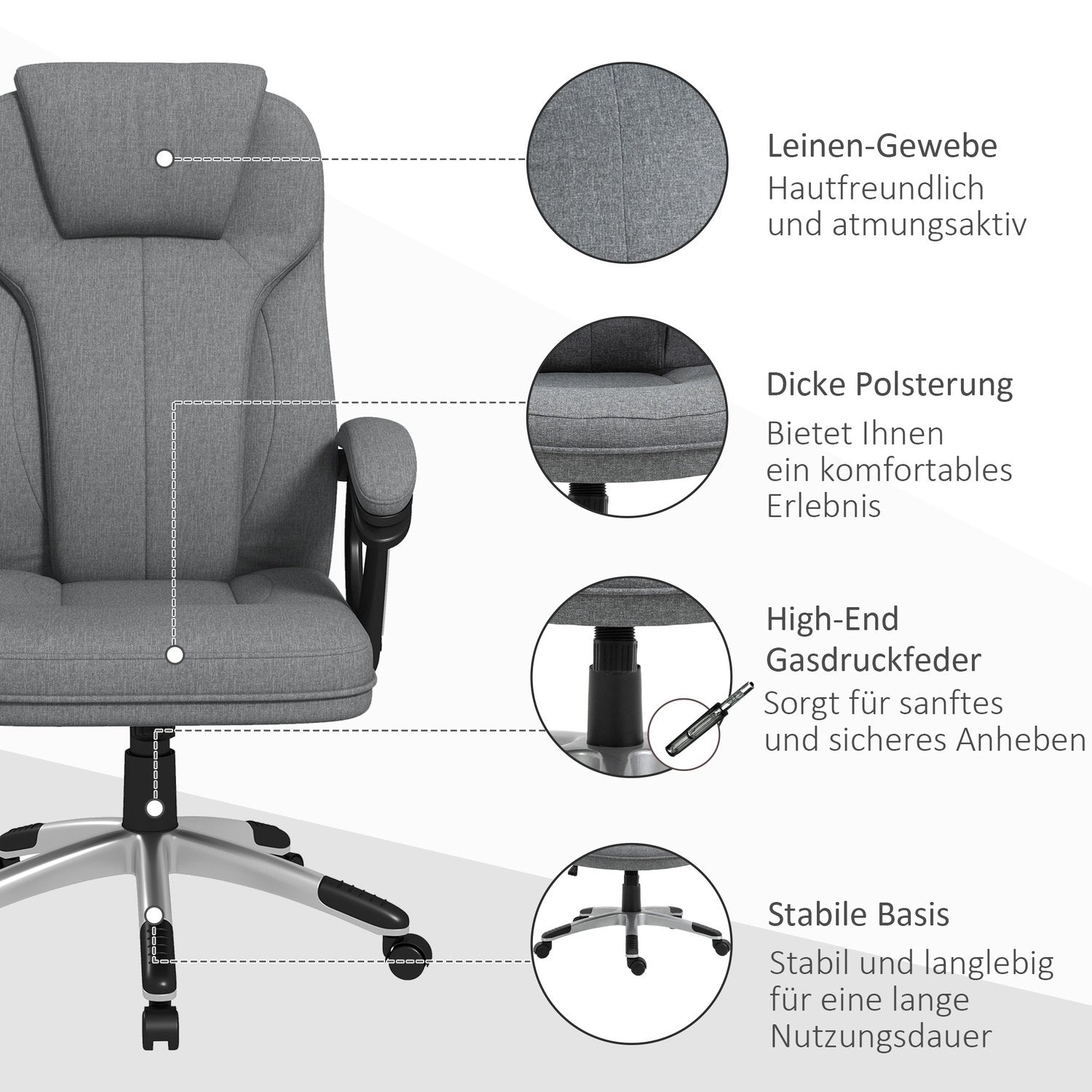 Ergonomisk kontorsstol – justerbar höjd, grått linne, nackstöd