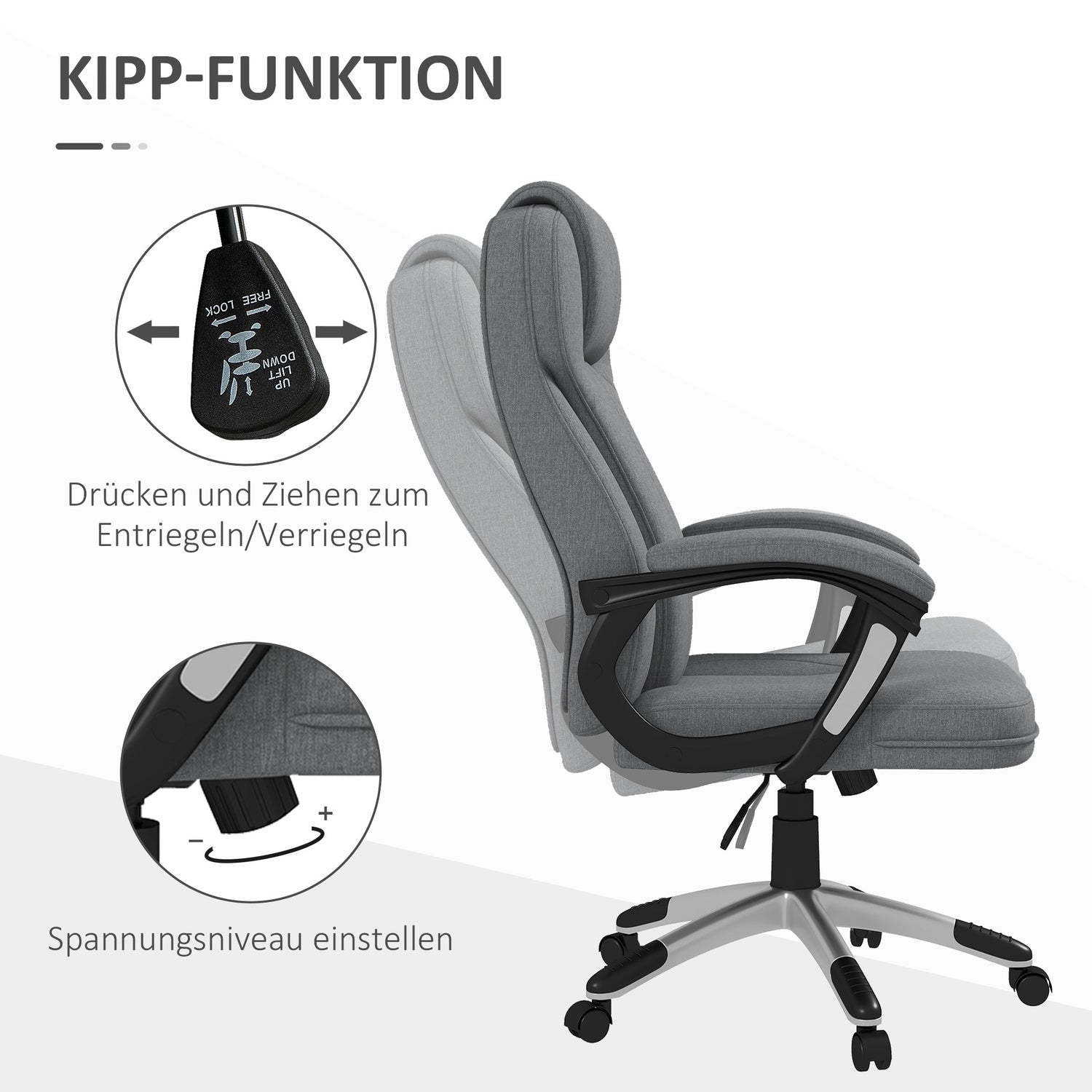 Ergonomisk kontorsstol – justerbar höjd, grått linne, nackstöd
