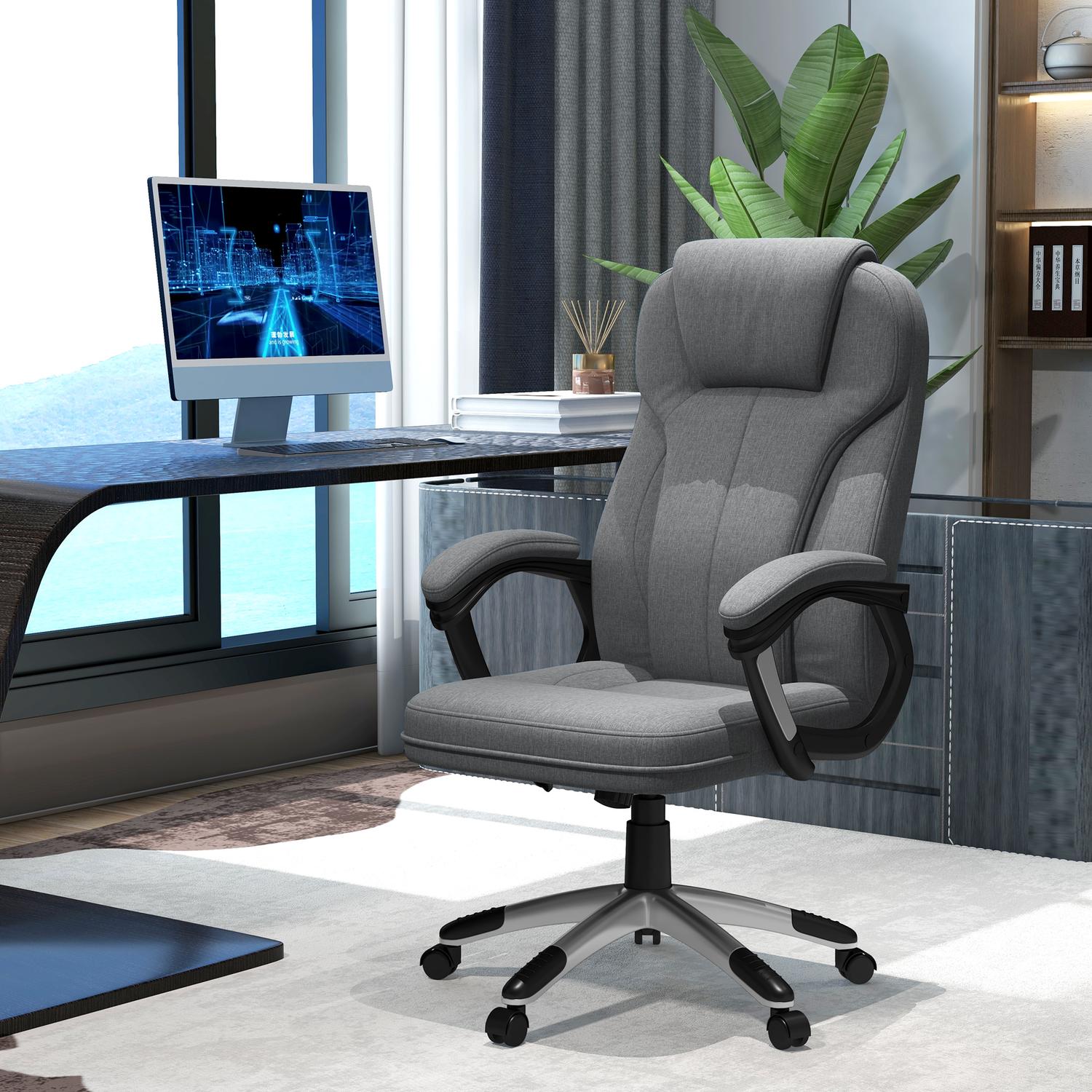 Ergonomisk kontorsstol – justerbar höjd, grått linne, nackstöd
