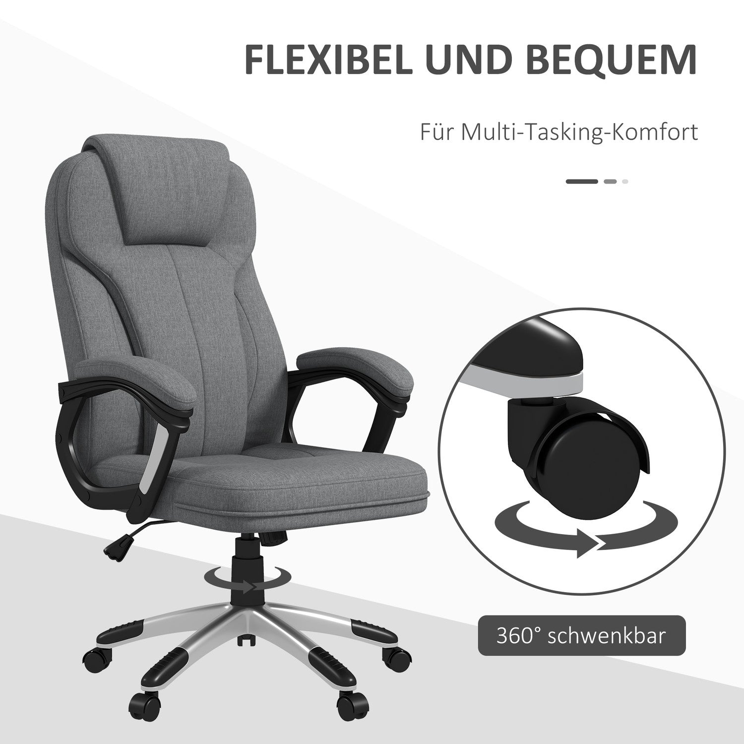 Ergonomisk kontorsstol – justerbar höjd, grått linne, nackstöd