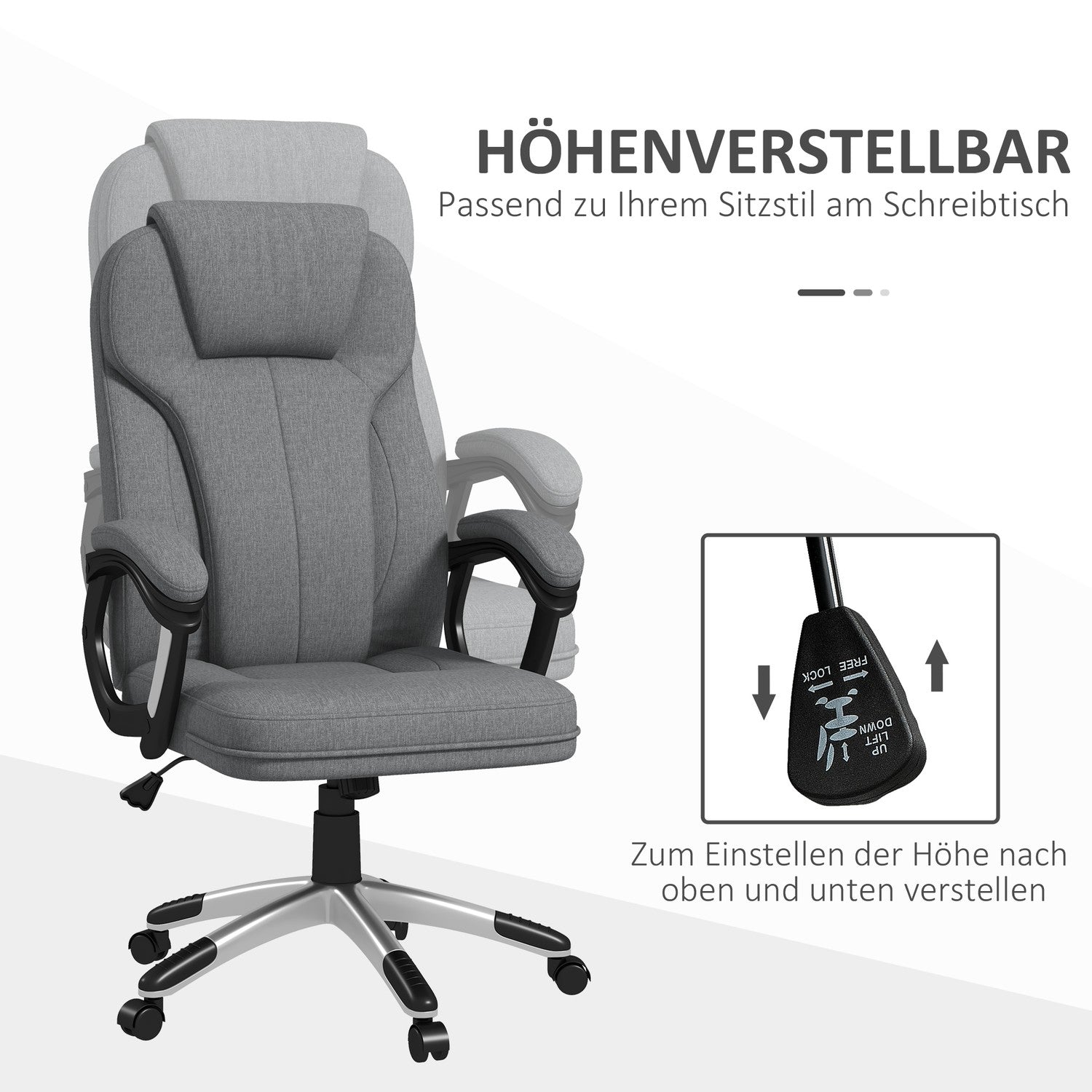 Ergonomisk kontorsstol – justerbar höjd, grått linne, nackstöd