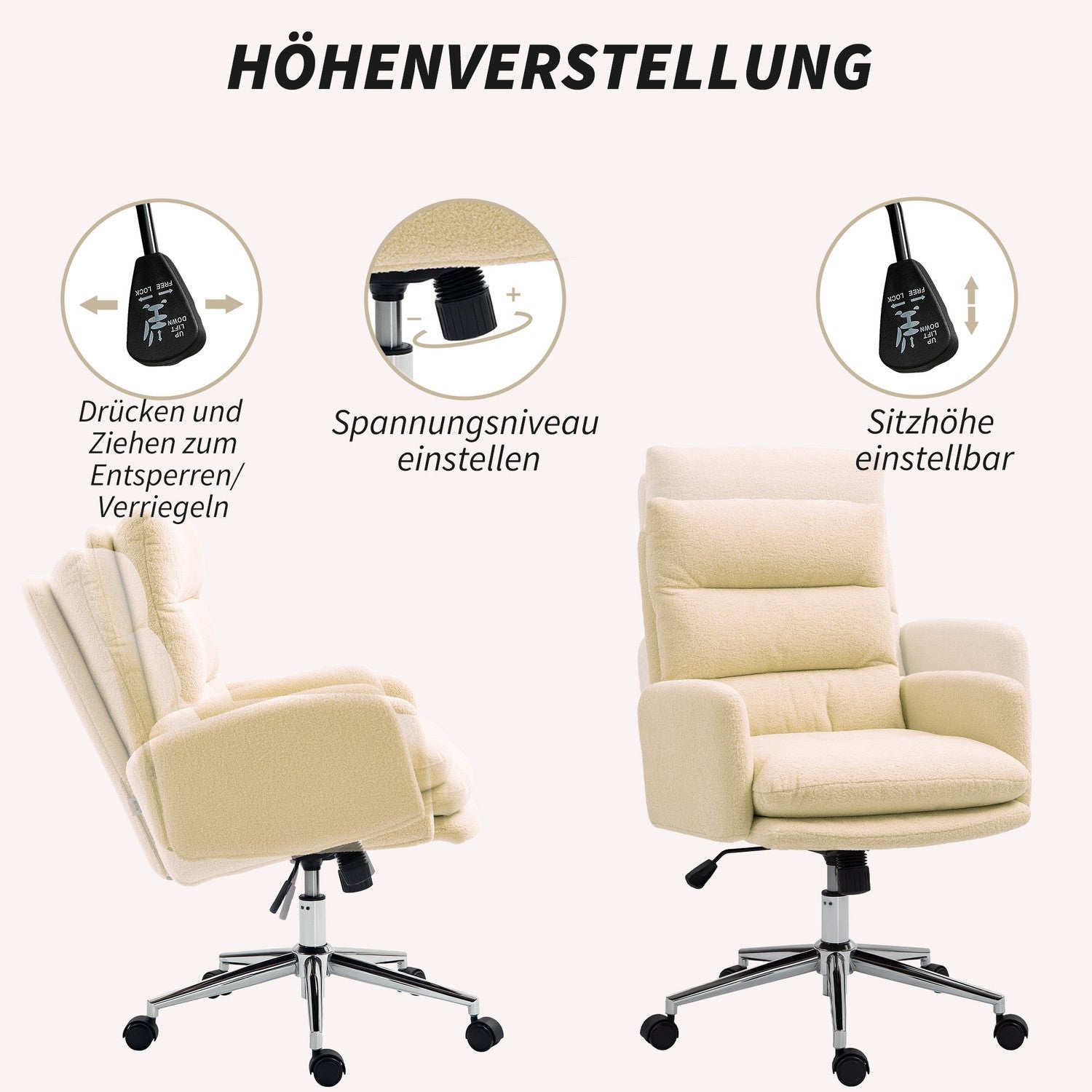 Ergonomisk kontorsstol, lammullslook, höjdjusterbar