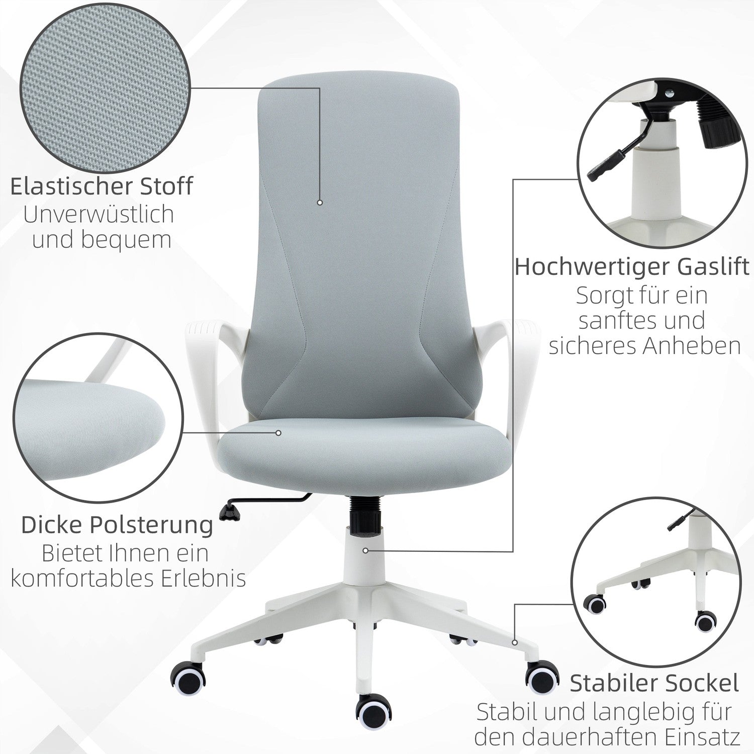 Ergonomisk vridbar skrivbordsstol, höjdjusterbar, ljusgrå