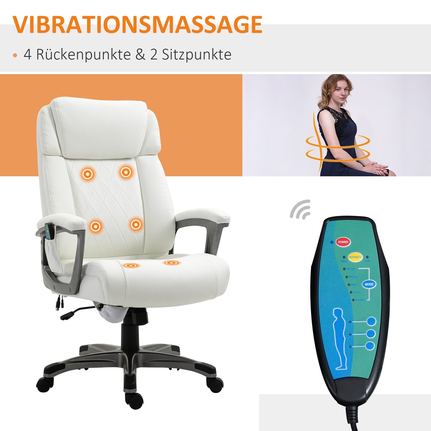 Ergonomisk vridbar kontorsstol, massage, konstläder, vit