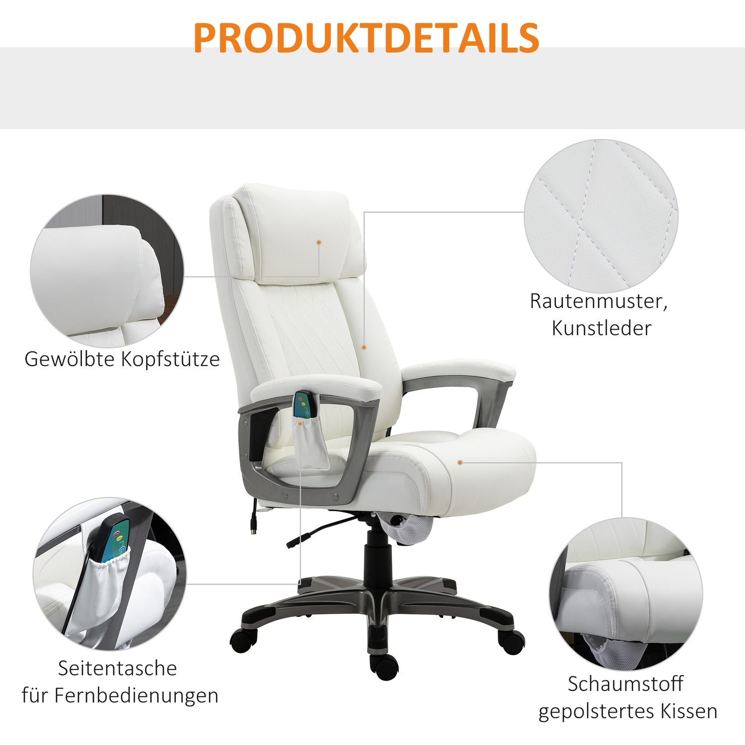 Ergonomisk vridbar kontorsstol, massage, konstläder, vit