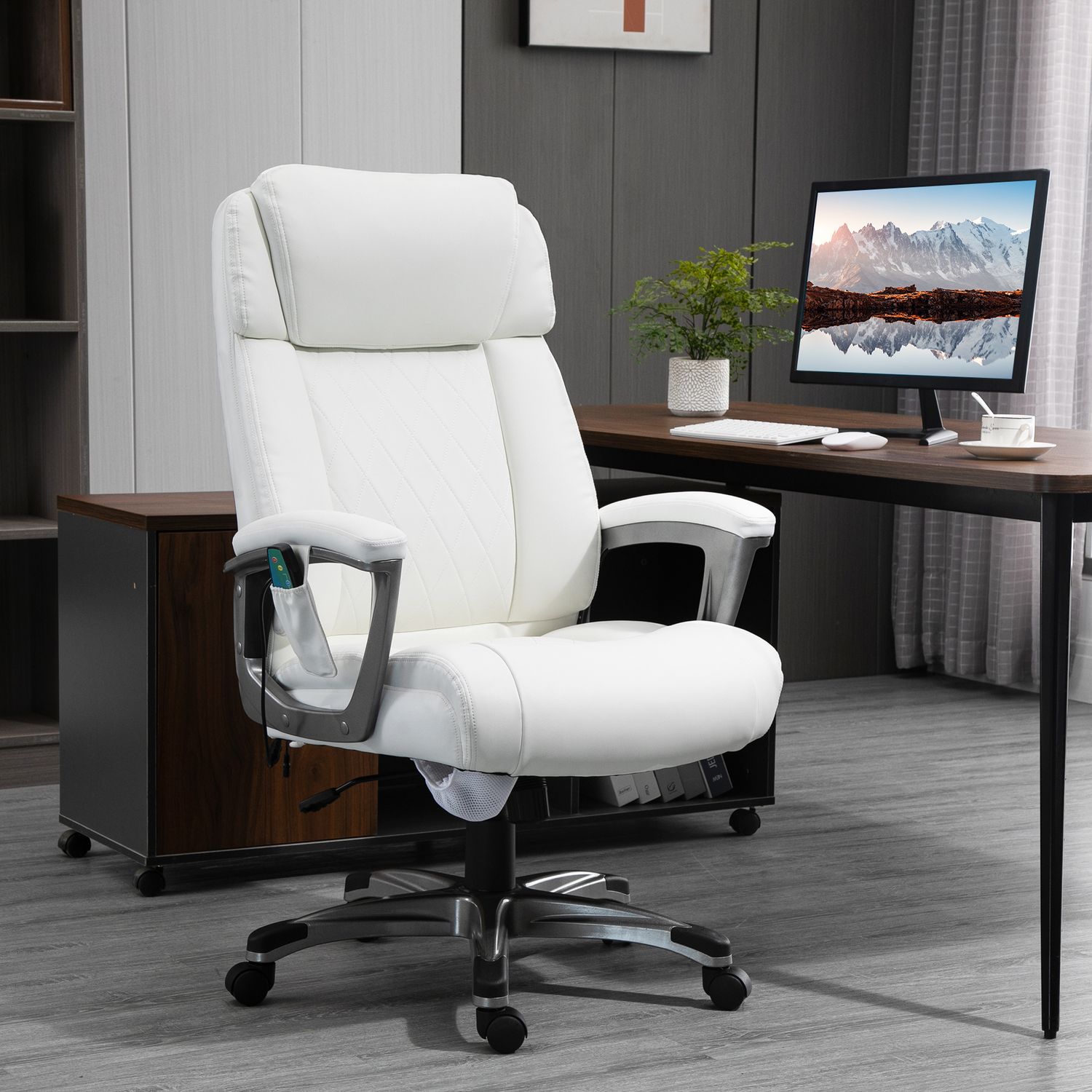 Ergonomisk vridbar kontorsstol, massage, konstläder, vit