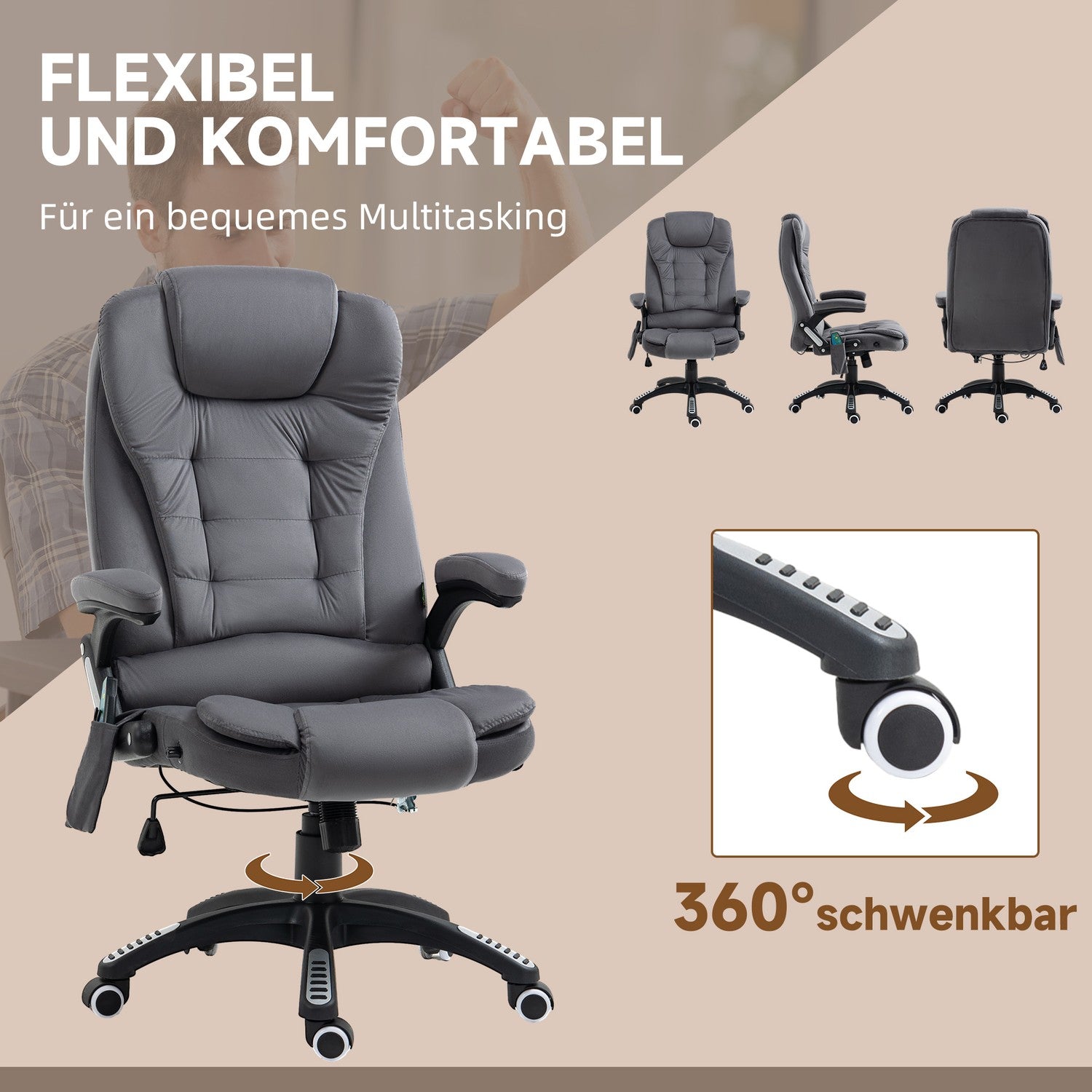 Ergonomisk kontorsstol med massage & värme, mörkgrå