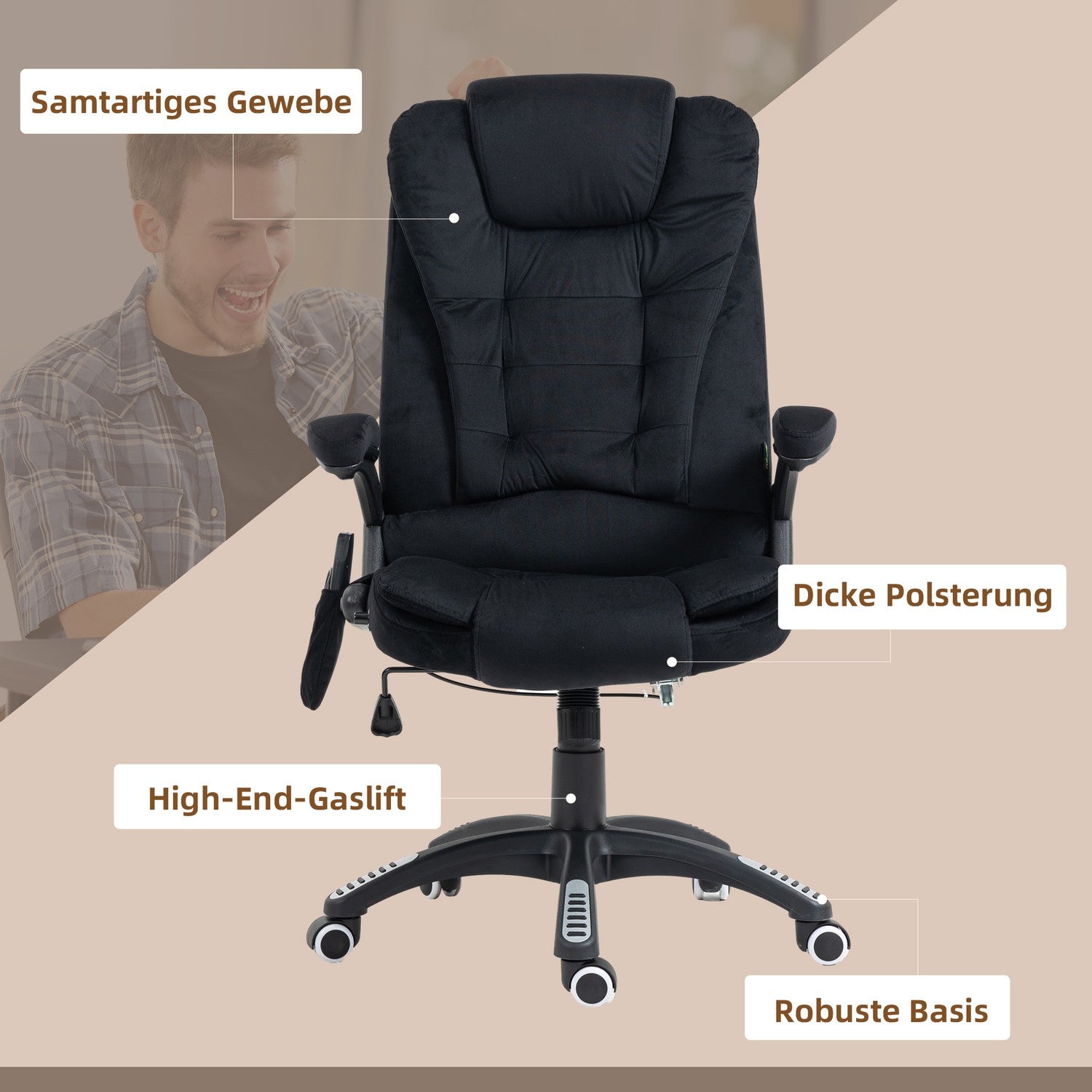 Ergonomisk kontorsstol, massage & värme, justerbar, 120 kg-gräns