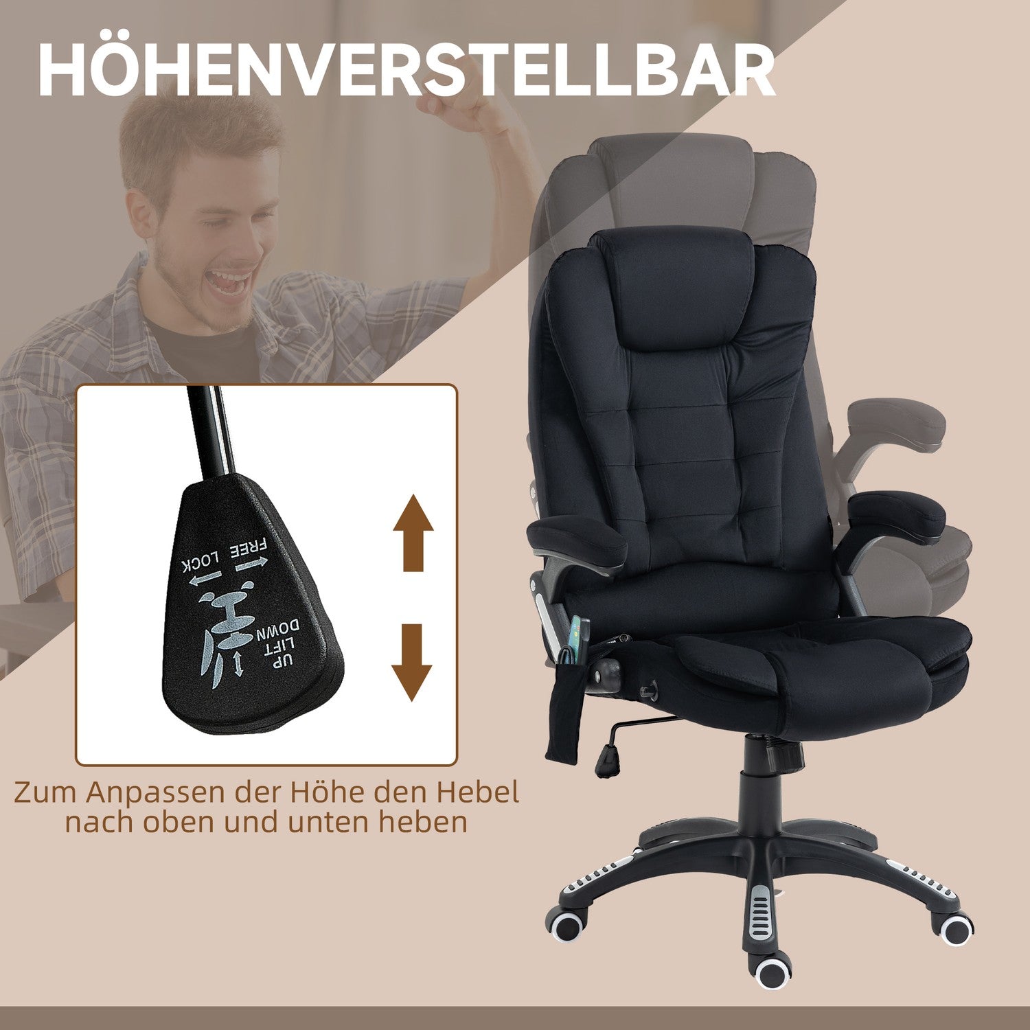 Ergonomisk kontorsstol, massage & värme, justerbar, 120 kg-gräns