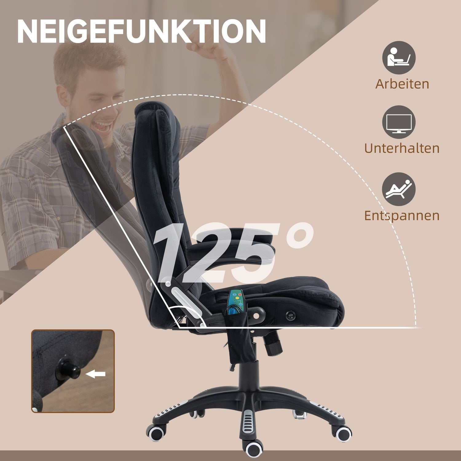 Ergonomisk kontorsstol, massage & värme, justerbar, 120 kg-gräns