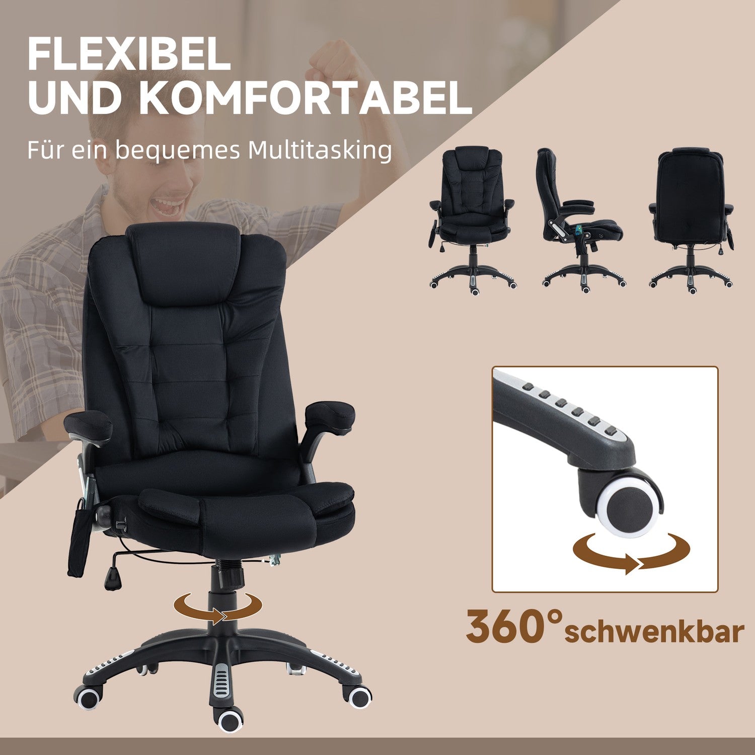 Ergonomisk kontorsstol, massage & värme, justerbar, 120 kg-gräns