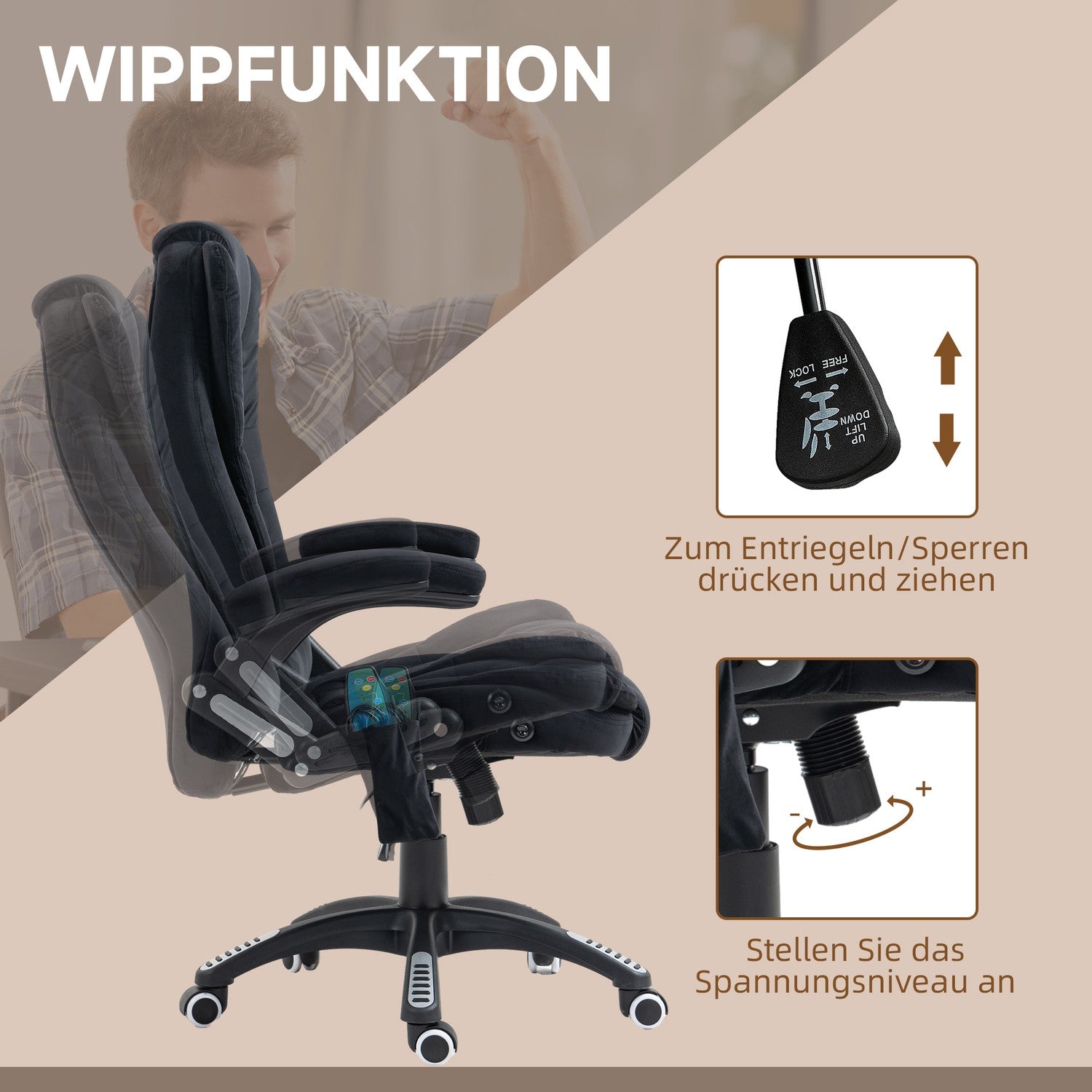 Ergonomisk kontorsstol, massage & värme, justerbar, 120 kg-gräns