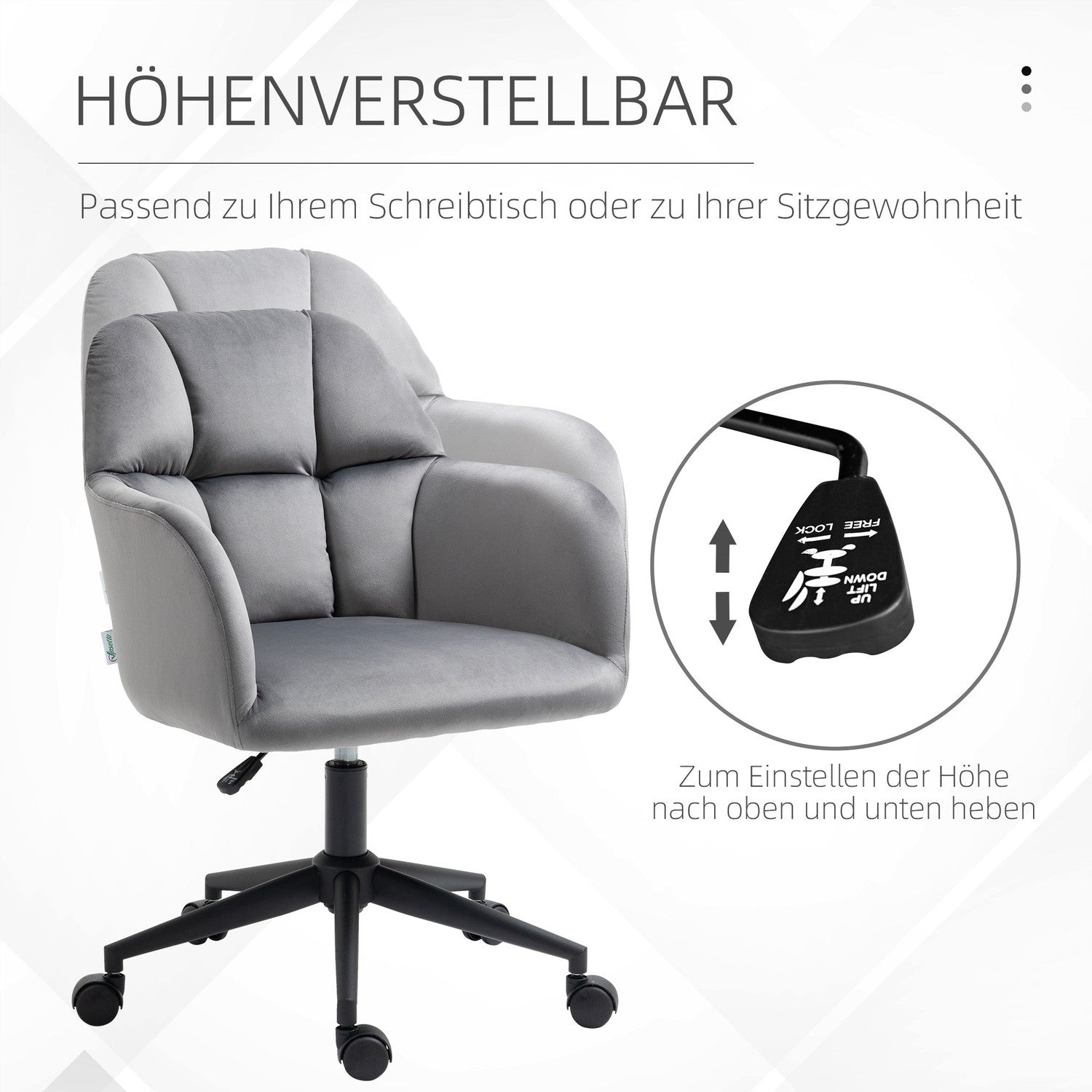 Ergonomisk kontorsstol i sammet, höjdjusterbar, grå