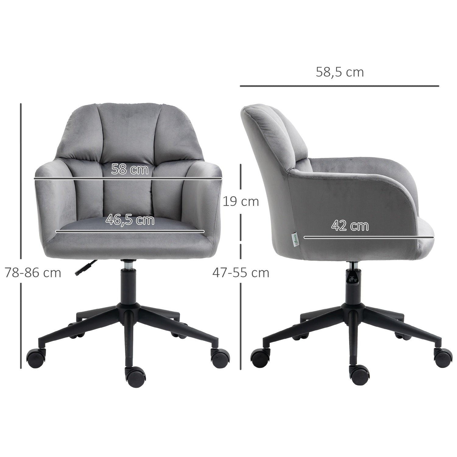 Ergonomisk kontorsstol i sammet, höjdjusterbar, grå