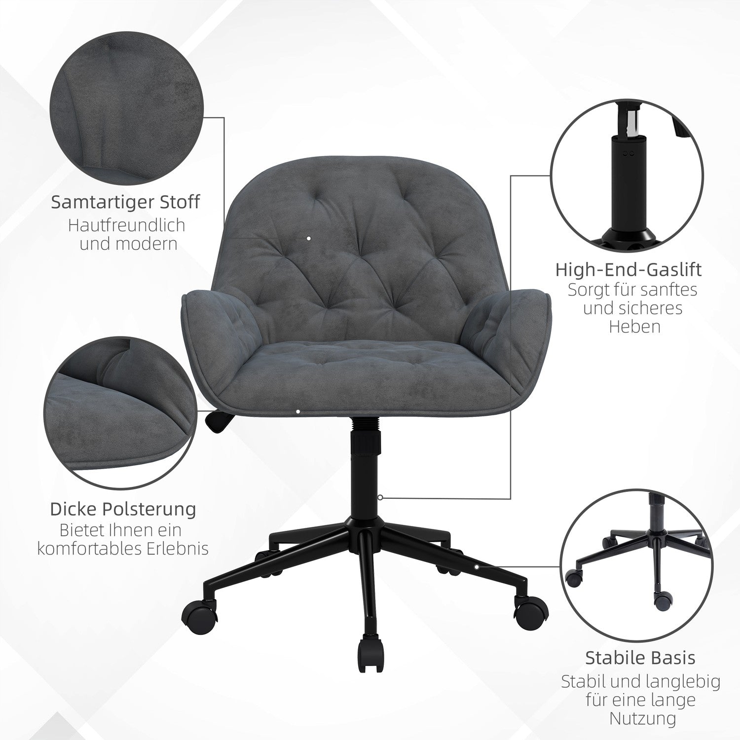 Ergonomisk kontorsstol, höjdjusterbar, sammetslook