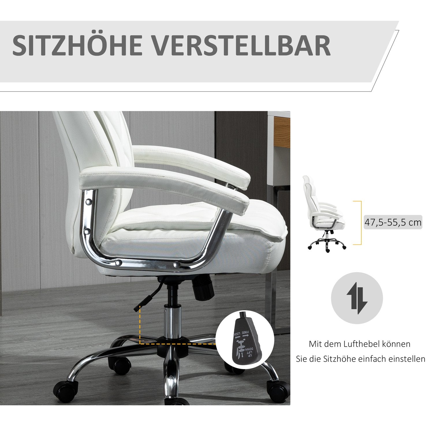 Vit ergonomisk kontorsstol – justerbar höjd, vridbar, vipp