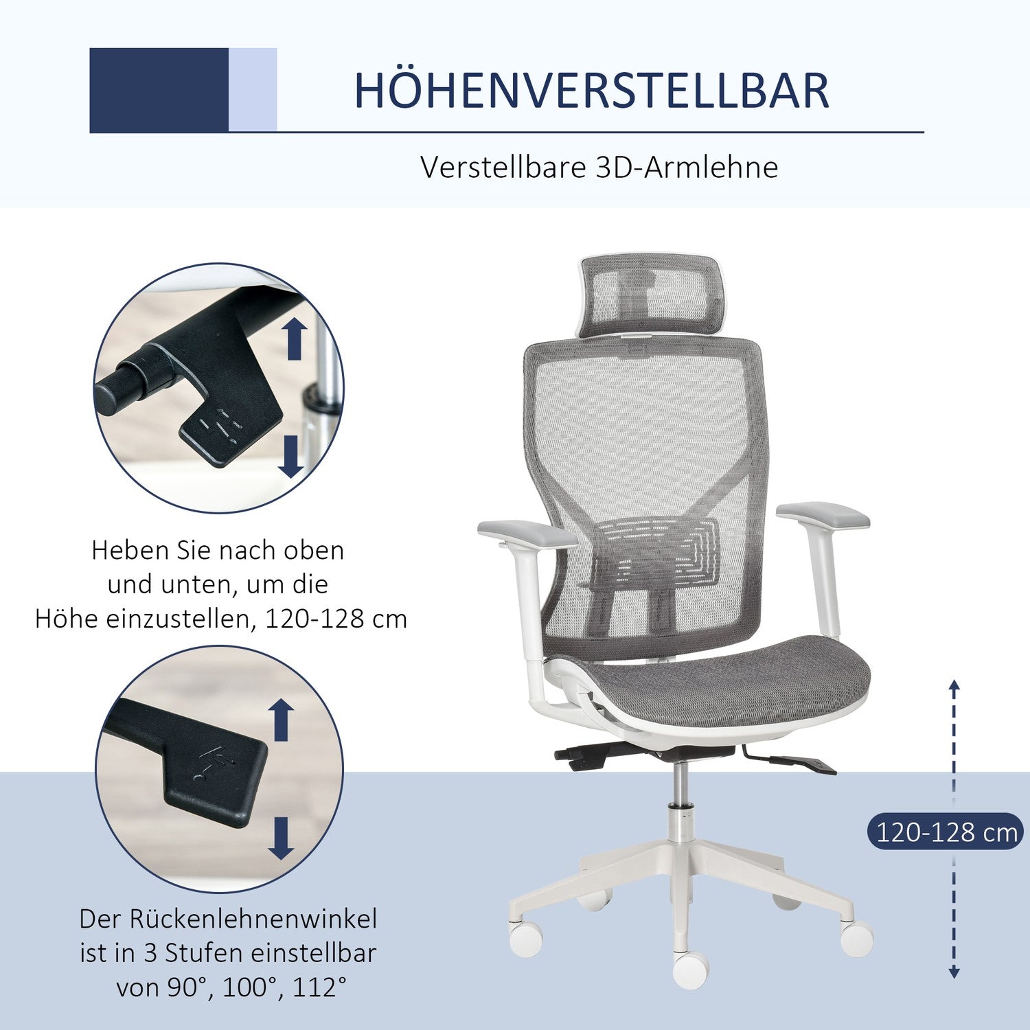 Ergonomisk spelkontorsstol, vridbar med svankstöd och 3D-armstöd