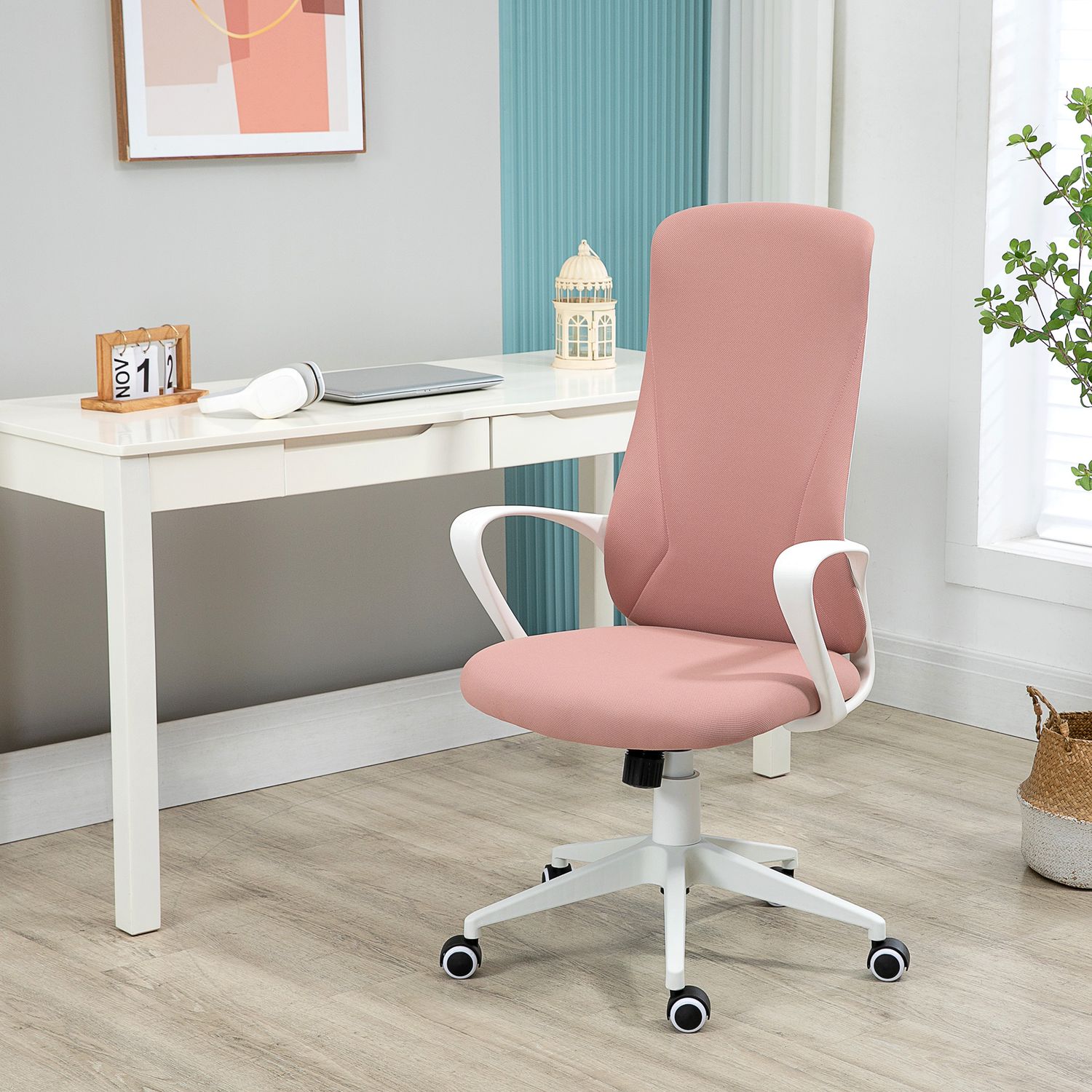 Ergonomisk rosa kontorsstol, höjdjusterbar, stretchtyg