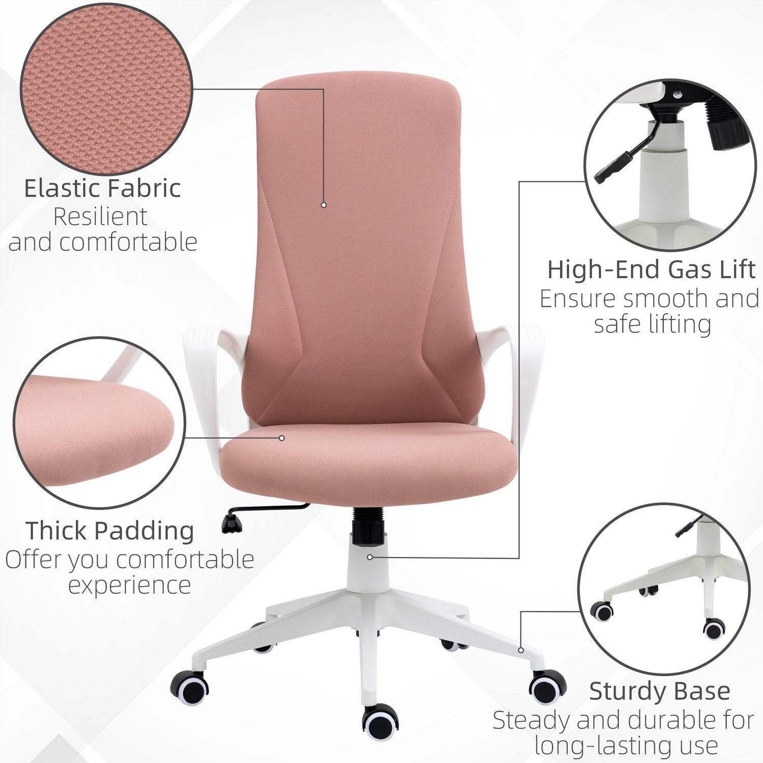 Ergonomisk rosa kontorsstol, höjdjusterbar, stretchtyg