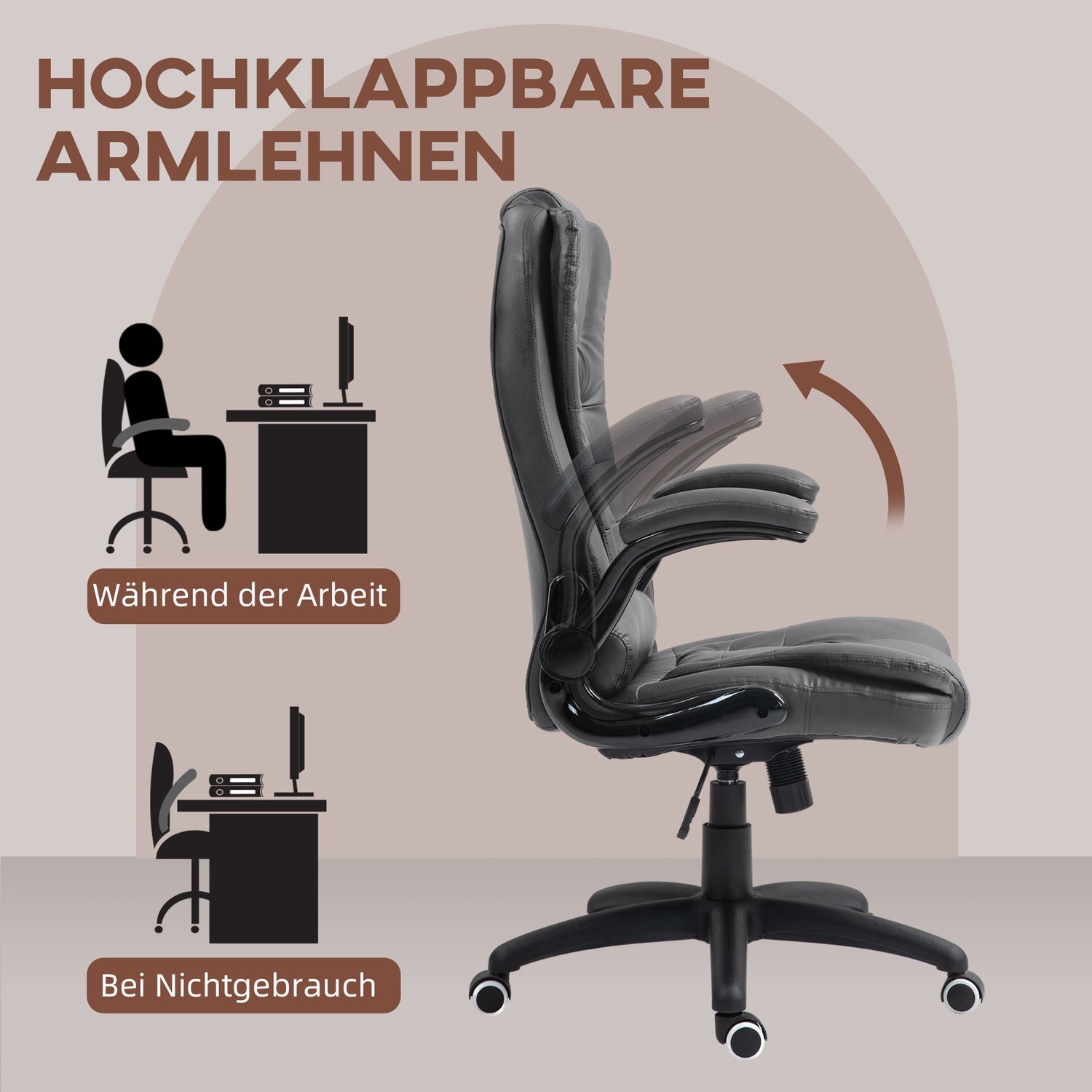 Ergonomisk kontorsstol, vridbara & vikbara armar, mörkgrå