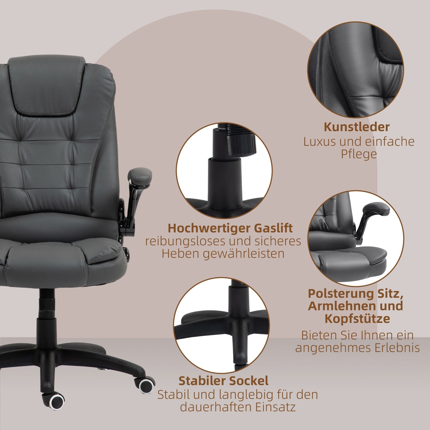 Ergonomisk kontorsstol, vridbara & vikbara armar, mörkgrå
